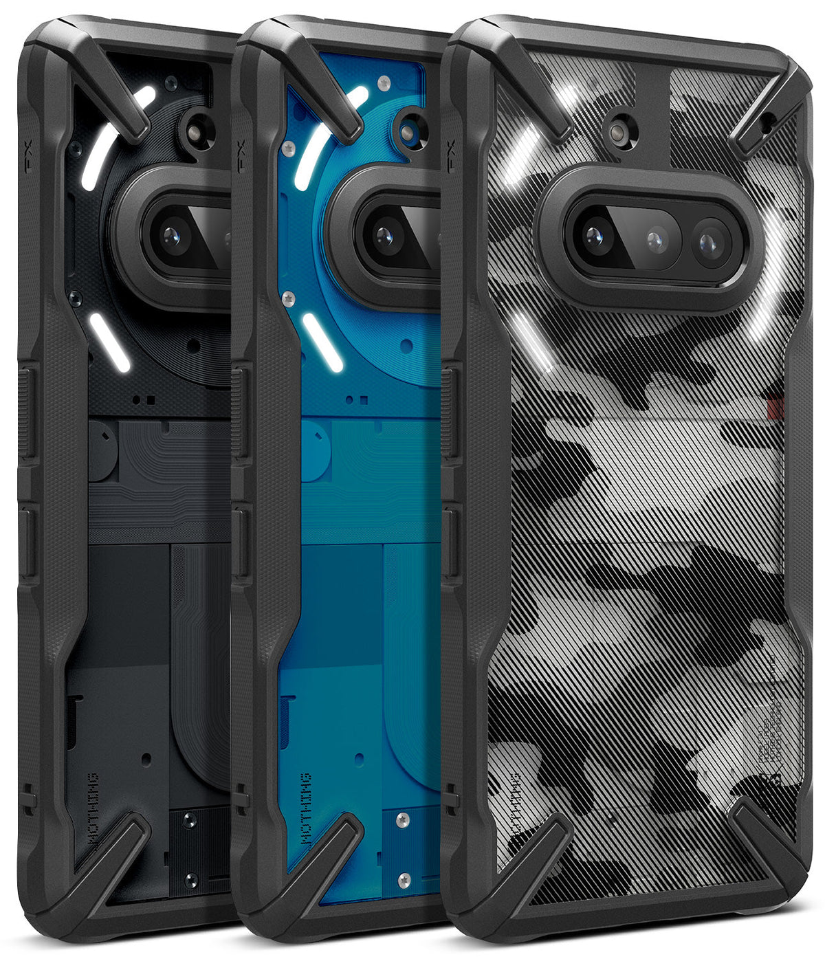 Nothing Phone (3a) Case | Fusion-X - Three rugged phone cases in black, blue, and camo, showcasing camera cutouts and light strips.