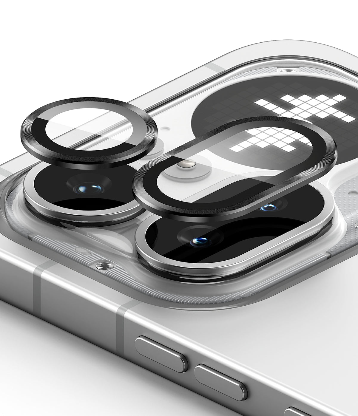 Nothing Phone (4a) Pro | Camera Glass (2P) - Two black protective glass lens covers hovering above a smartphone camera.