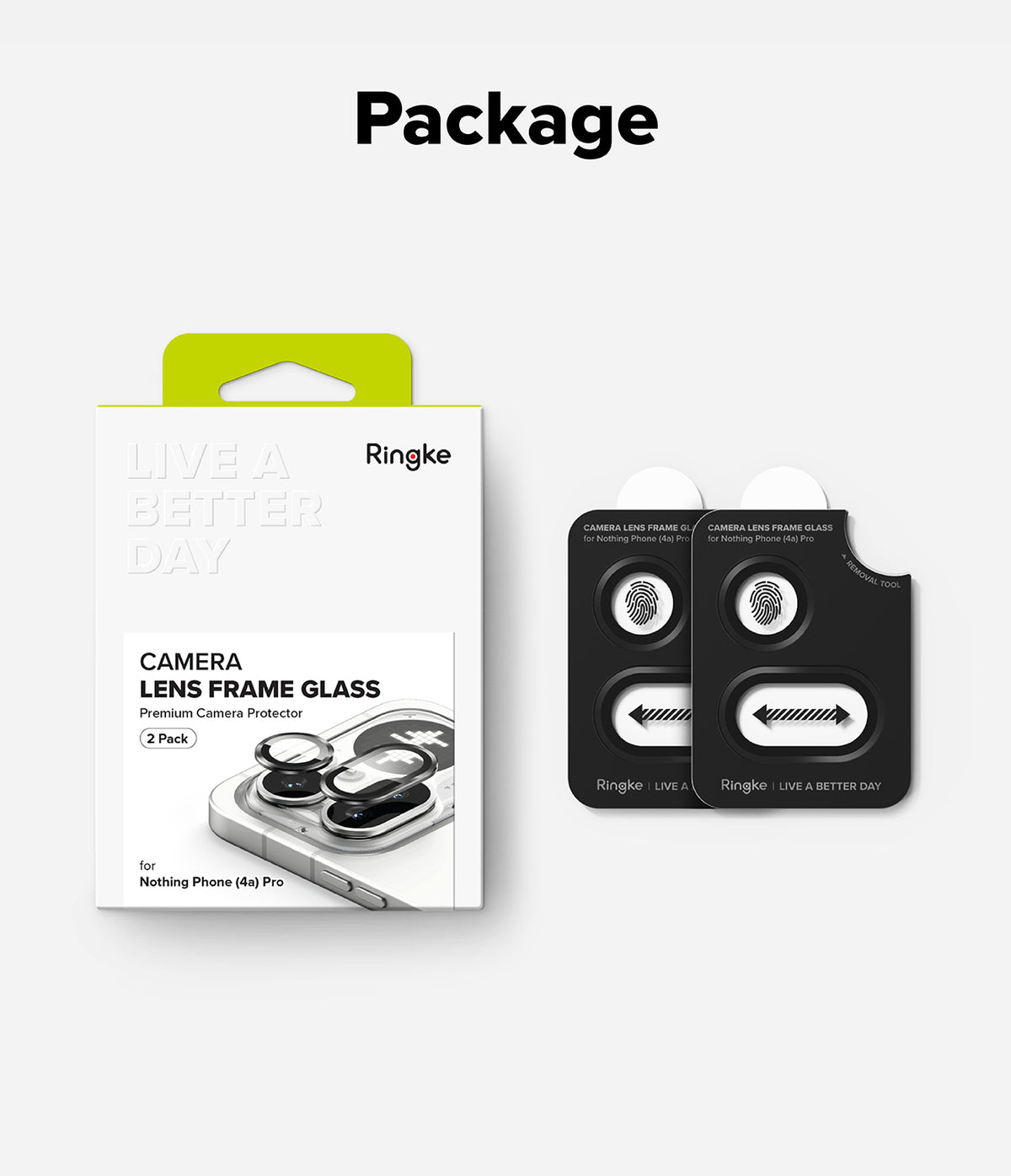 Nothing Phone (4a) Pro | Camera Glass (2P) - Retail packaging box next to two black camera lens protectors on a tray.