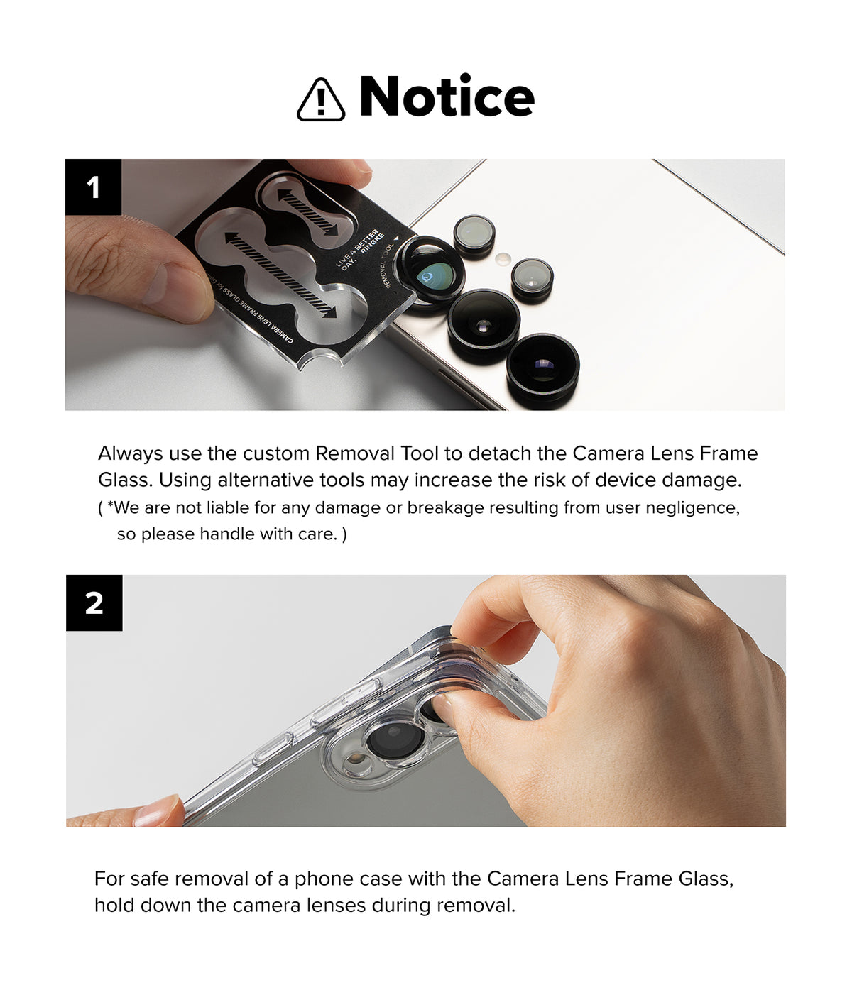 Nothing Phone (4a) Pro | Camera Glass (2P) - Instructions for using a removal tool on camera lenses and a phone case.