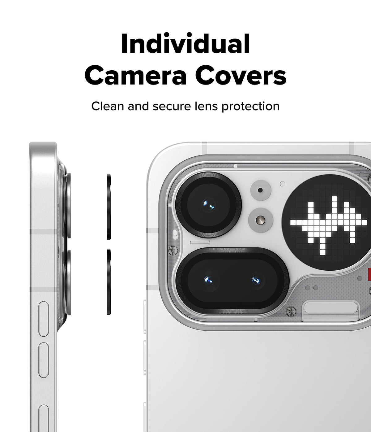 Nothing Phone (4a) Pro | Camera Glass (2P) - Nothing Phone (4a) Pro - Individual camera lens covers shown floating next to the rear camera module of a white smartphone.