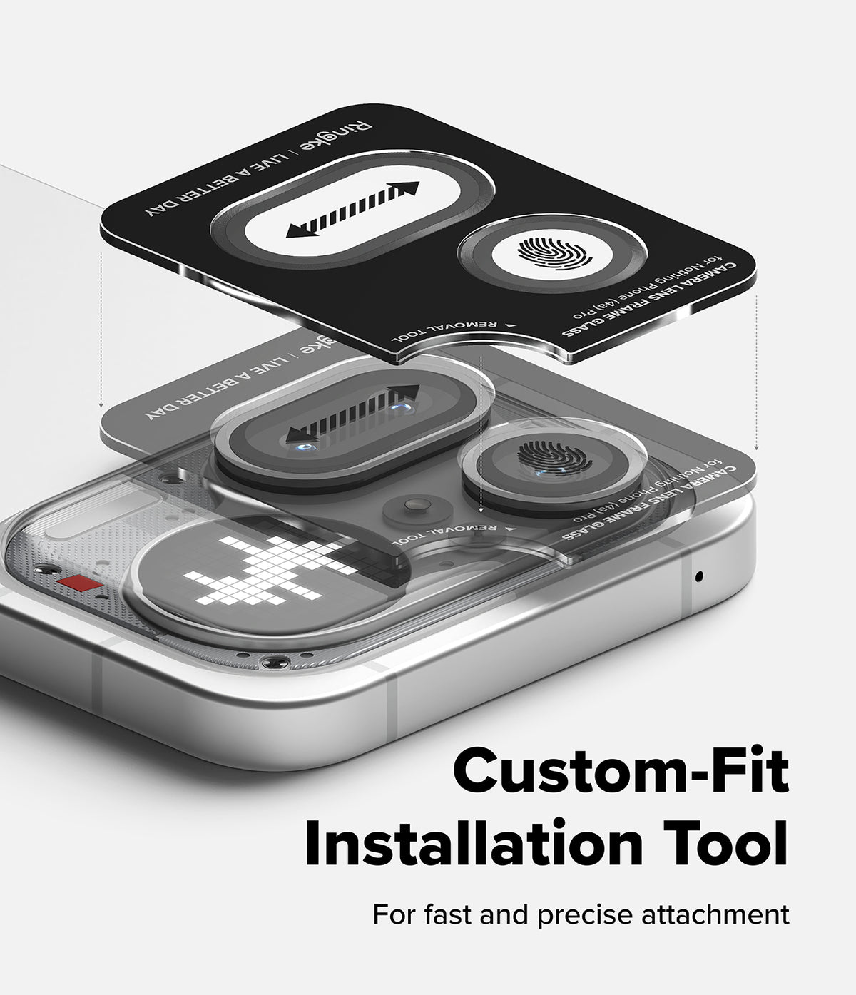 Nothing Phone (4a) Pro | Camera Glass (2P) - Installation tool aligning camera lens protectors onto a smartphone.