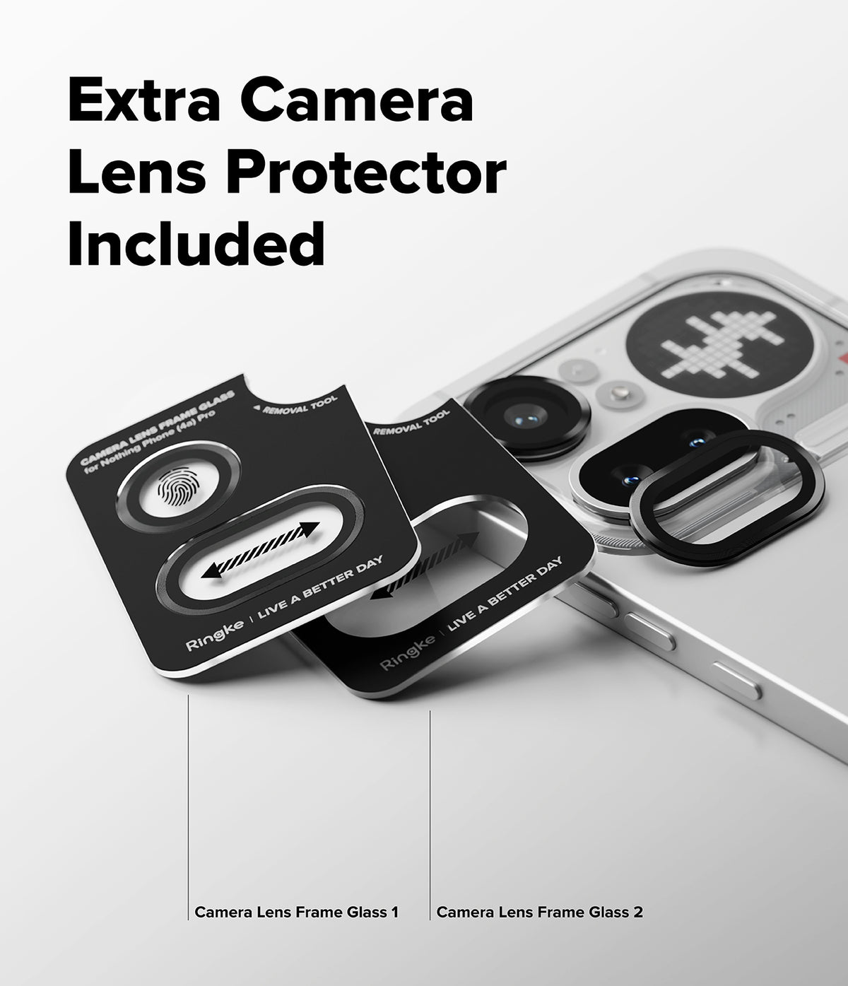 Nothing Phone (4a) Pro | Camera Glass (2P) - Nothing Phone (4a) Pro - Two black camera lens protectors and a removal tool displayed next to a Nothing smartphone.