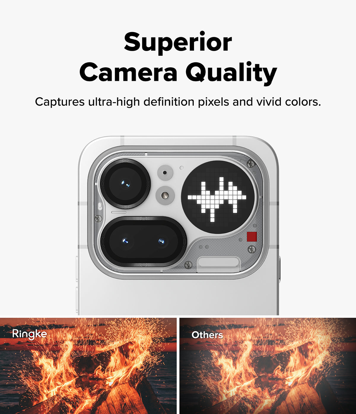 Nothing Phone (4a) Pro | Camera Glass (2P) - Comparison showing clearer, more vibrant fire photo with Ringke glass.