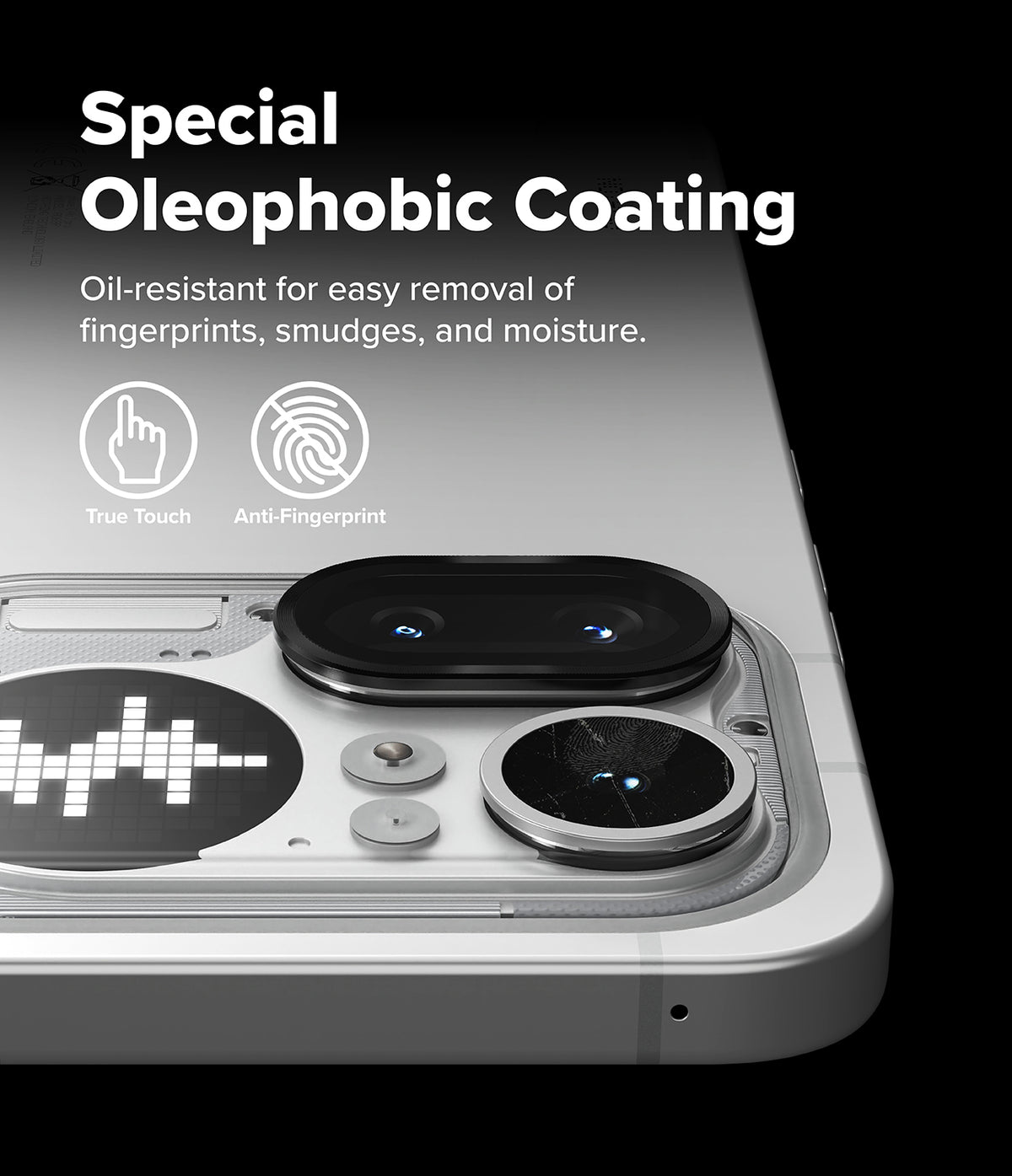 Nothing Phone (4a) Pro | Camera Glass (2P) - Close-up of phone camera lenses highlighting oleophobic coating features.