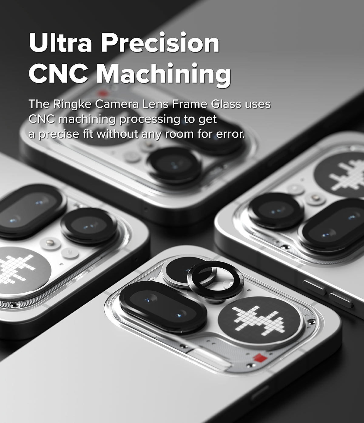 Nothing Phone (4a) Pro | Camera Glass (2P) - Close-up of black camera lens protectors being applied to a Nothing Phone.