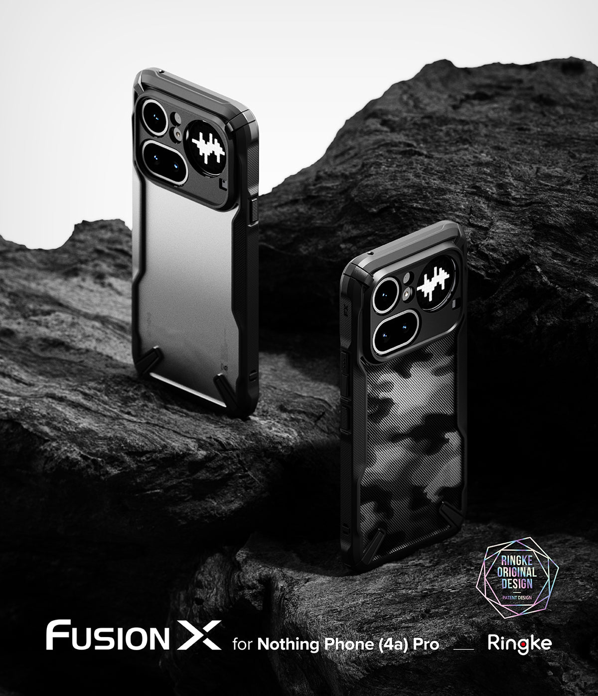 Nothing Phone (4a) Pro Case | Fusion-X - Two rugged black phone cases displayed on dark, textured volcanic rock.