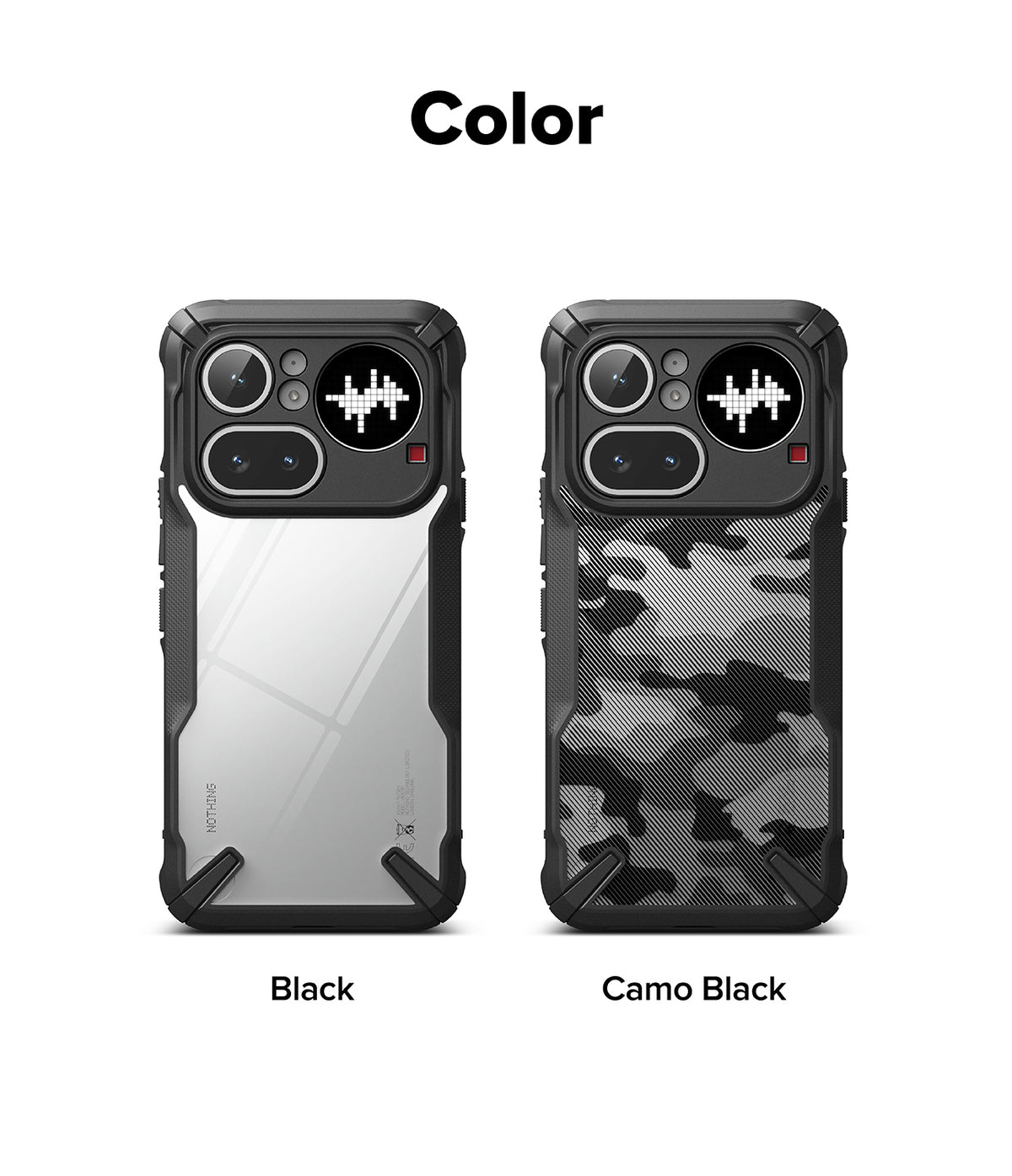 Nothing Phone (4a) Pro Case | Fusion-X - Two Nothing Phone cases in Black and Camo Black with rugged bumpers and camera cutouts.