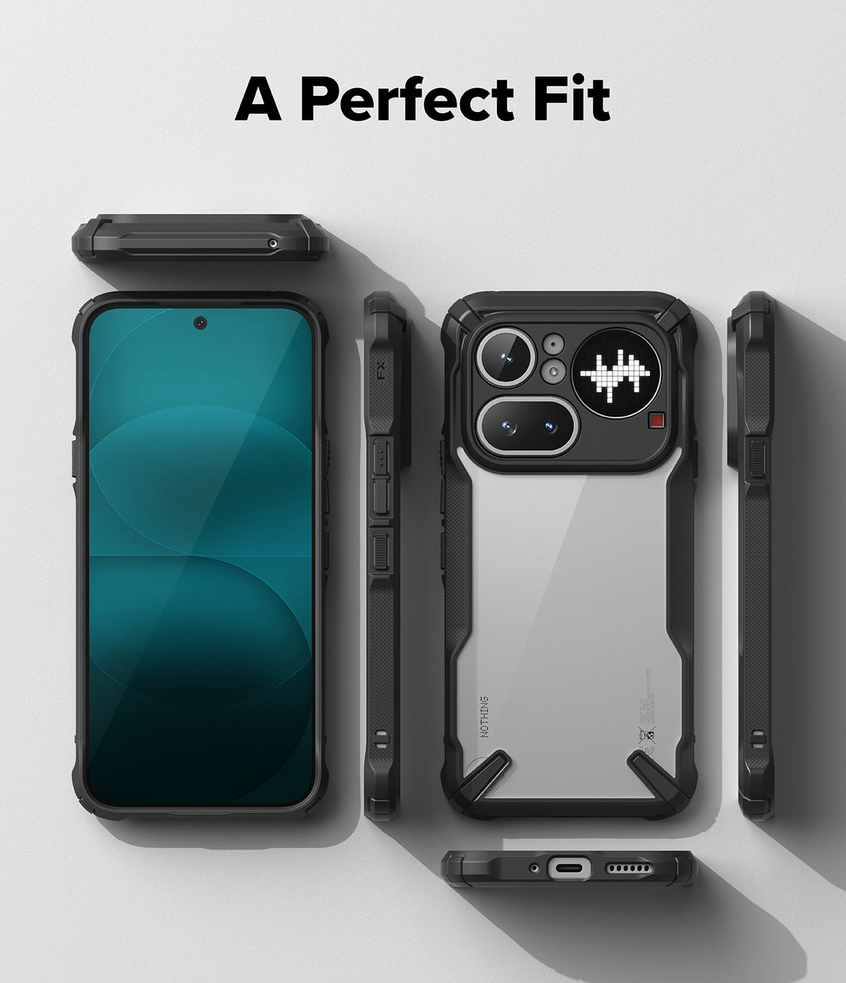 Nothing Phone (4a) Pro Case | Fusion-X - Exploded view of a black rugged phone case surrounding a Nothing smartphone.