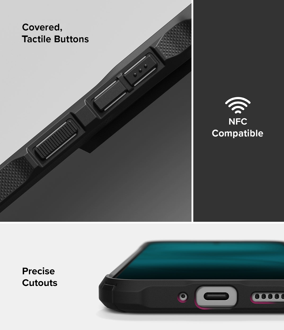 Nothing Phone (4a) Pro Case | Fusion-X - Close-up of tactile buttons, NFC compatibility icon, and precise port cutouts.