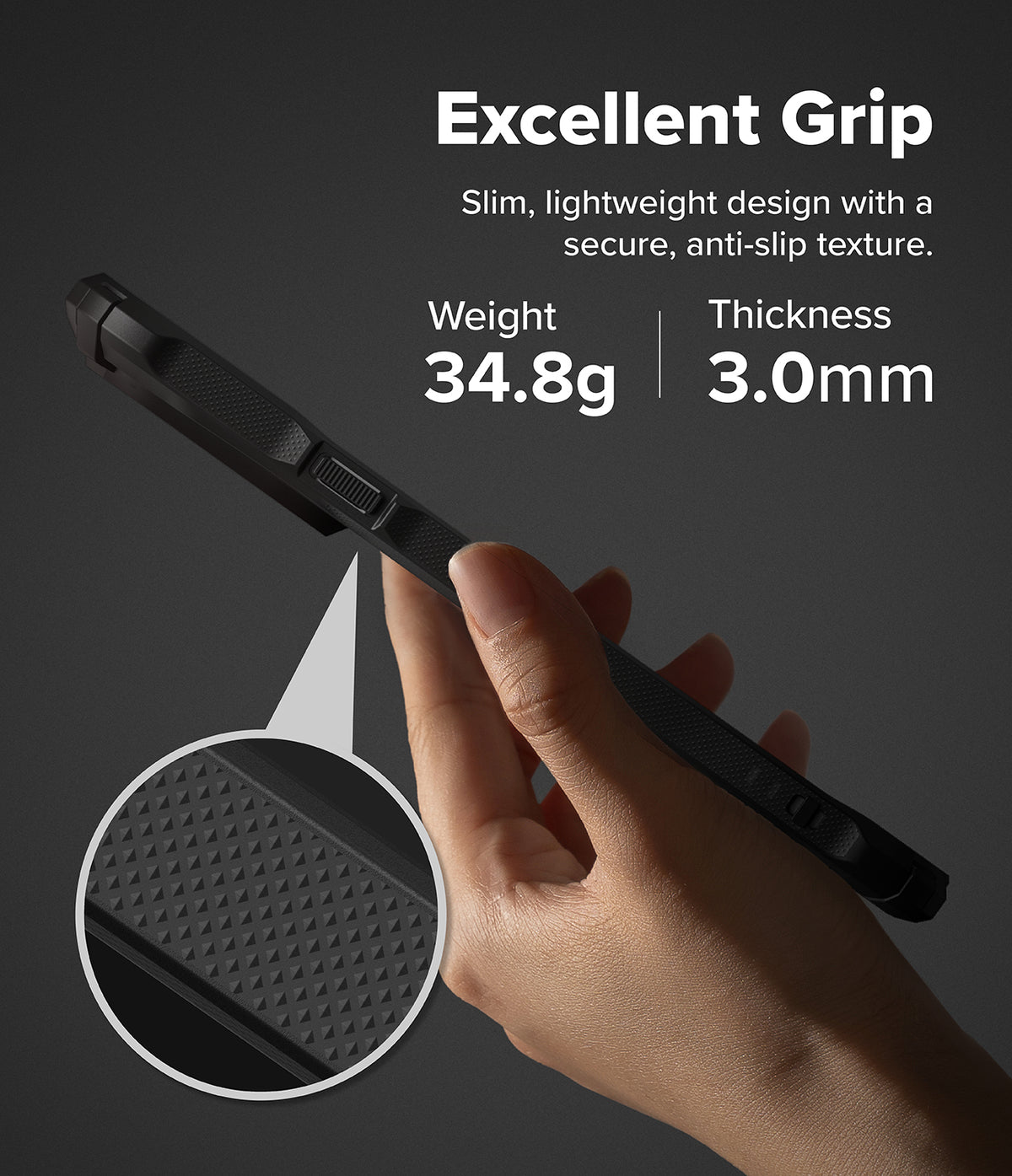 Nothing Phone (4a) Pro Case | Fusion-X - Hand holding a black phone case with a textured anti-slip grip and 34.8g weight.