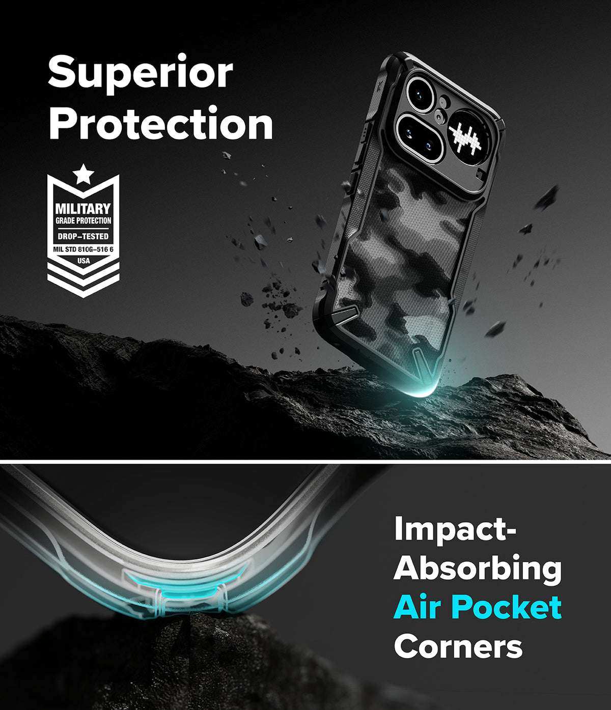 Nothing Phone (4a) Pro Case | Fusion-X - Rugged phone case on rocky terrain with military-grade drop protection and air-pocket corners.