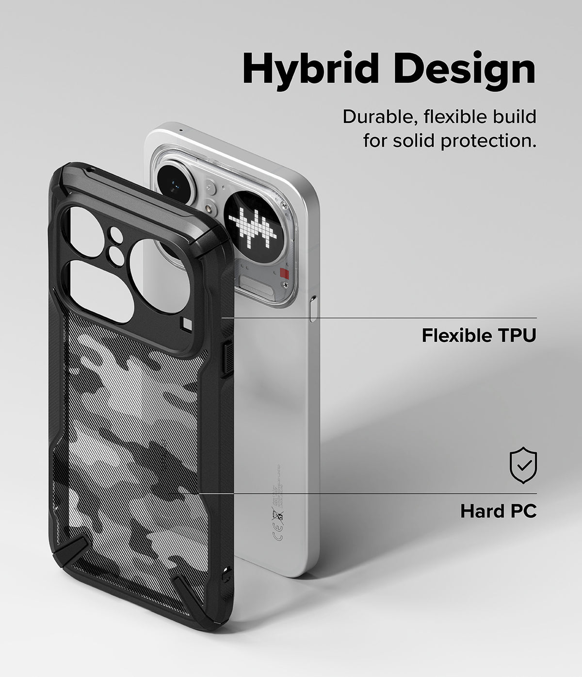 Nothing Phone (4a) Pro Case | Fusion-X - A black camouflage phone case highlighting its flexible TPU and hard PC hybrid design.