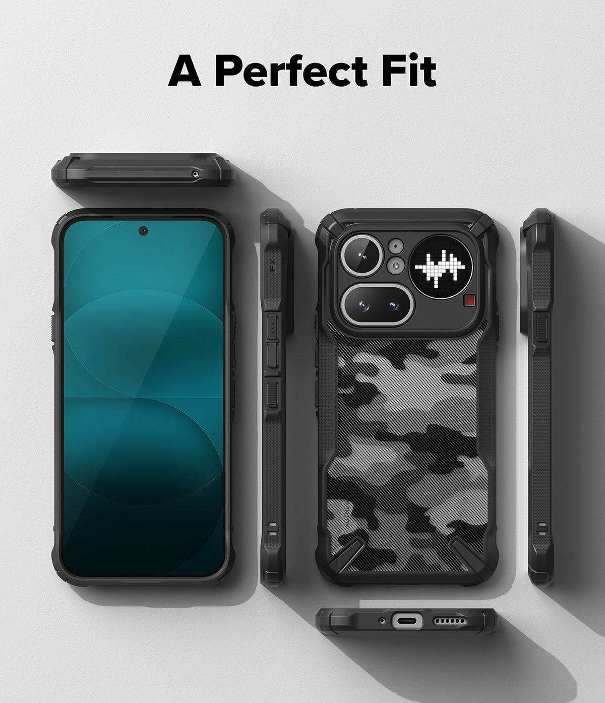 Nothing Phone (4a) Pro Case | Fusion-X - Exploded view of a black rugged phone case with a camo back on a Nothing phone.