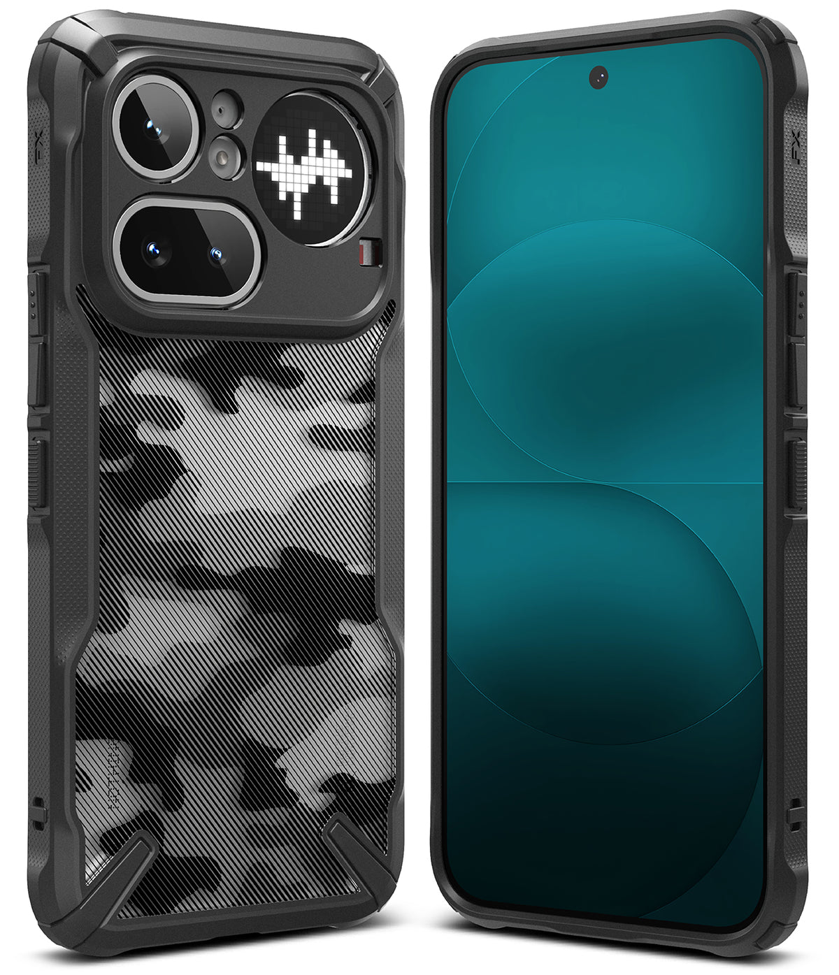Nothing Phone (4a) Pro Case | Fusion-X - Rugged black phone case with a grey camo back and front screen view.
