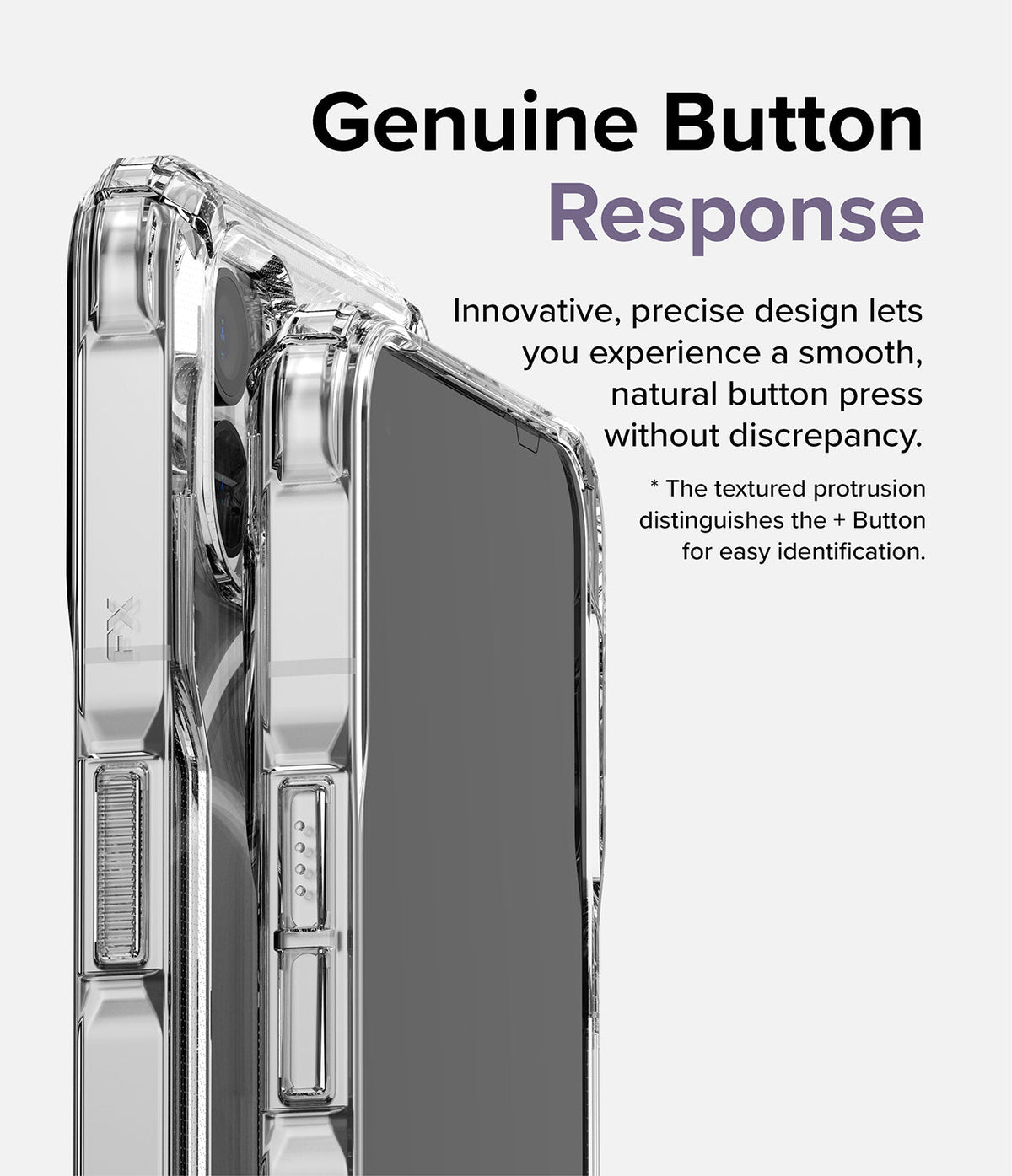 Nothing Phone (1) Case | Fusion-X - Close-up of a clear phone case highlighting the textured, responsive volume buttons.