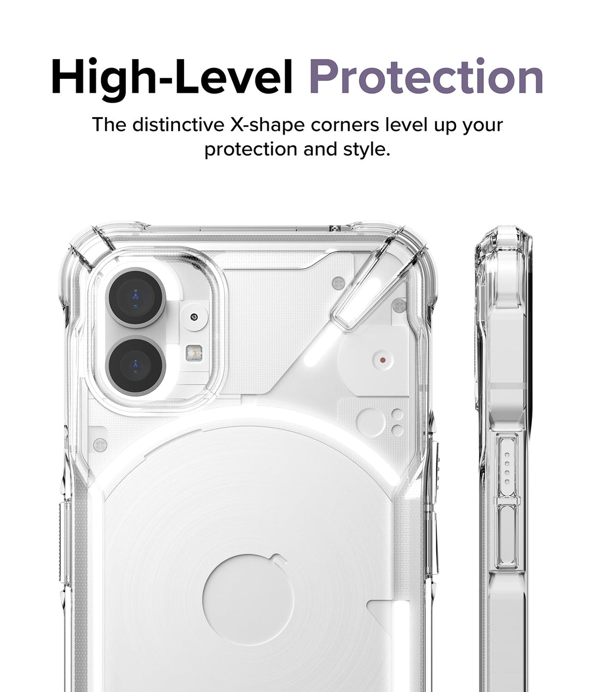 Nothing Phone (1) Case | Fusion-X - Clear protective phone case with reinforced X-shape corners shown from back and side.