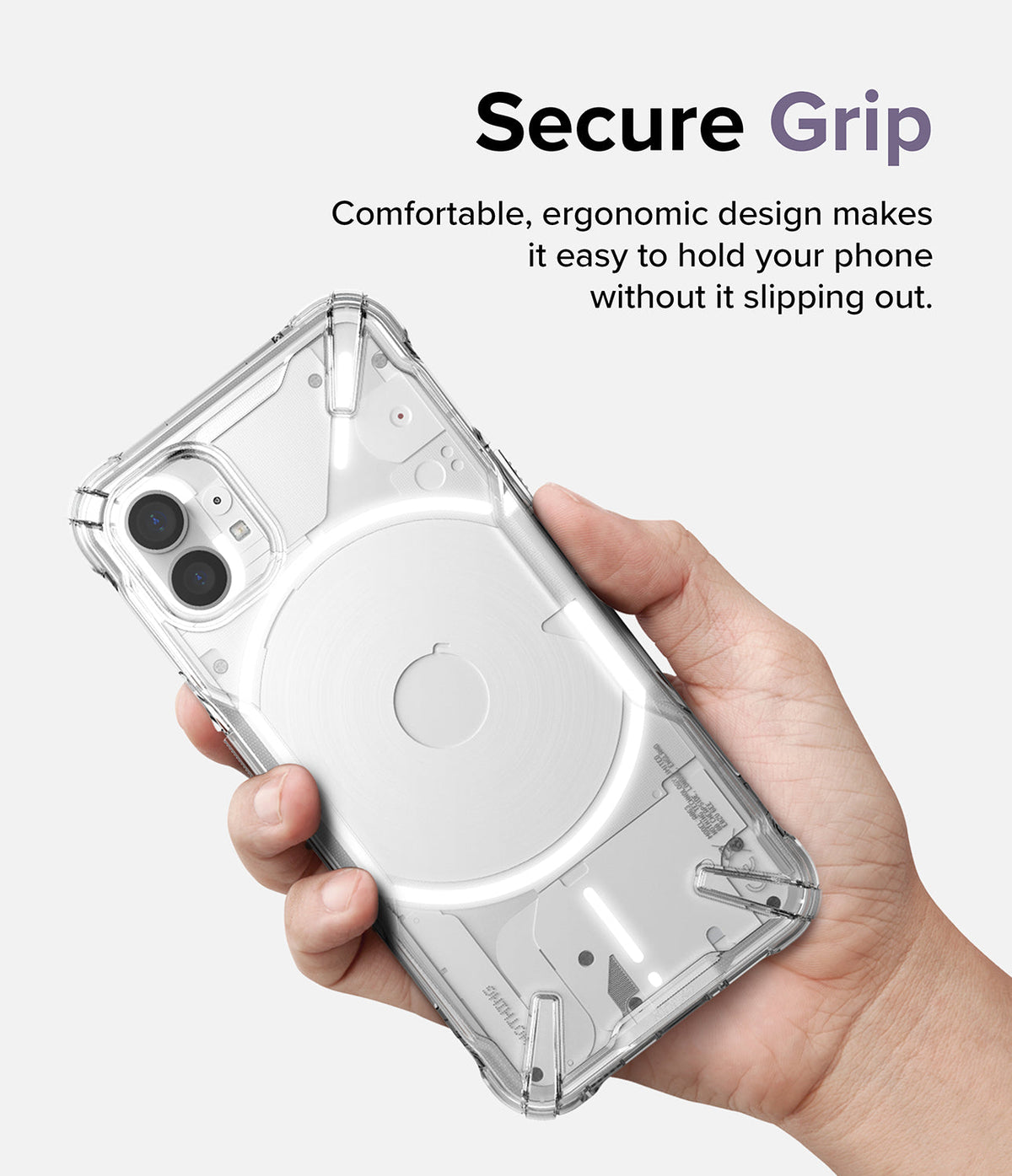 Nothing Phone (1) Case | Fusion-X - A hand holding a clear, protective phone case on a Nothing Phone (1) against a white background.