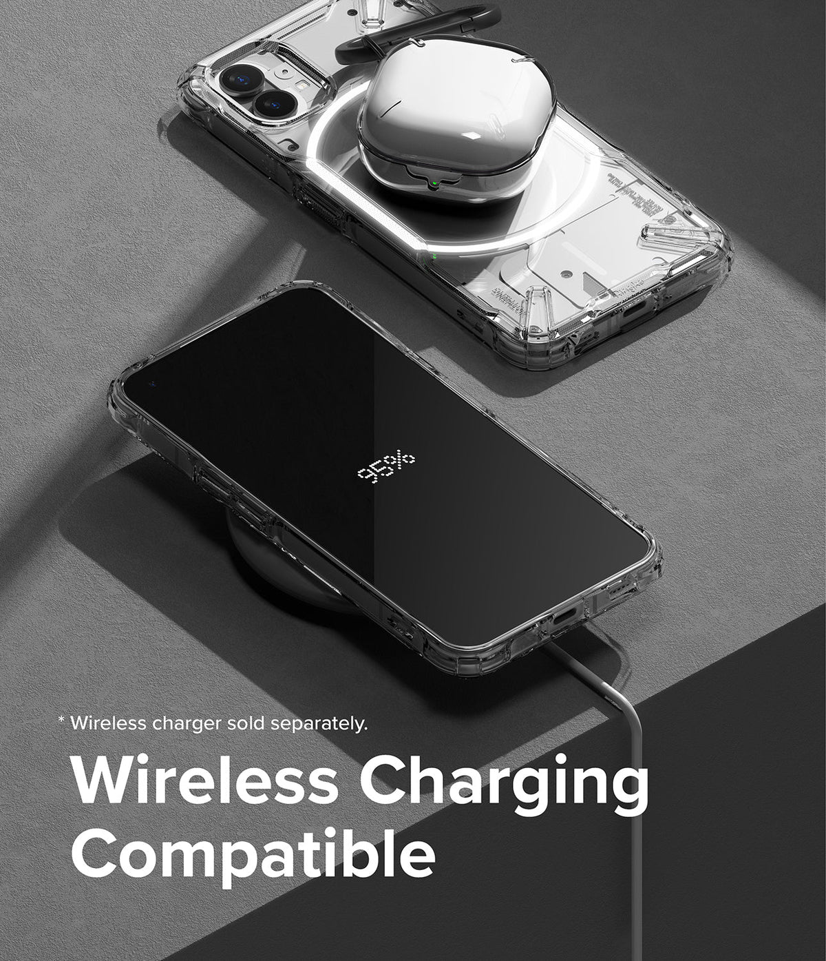 Nothing Phone (1) Case | Fusion-X - Clear phone case on a wireless charger with a phone displaying 95% battery charge.