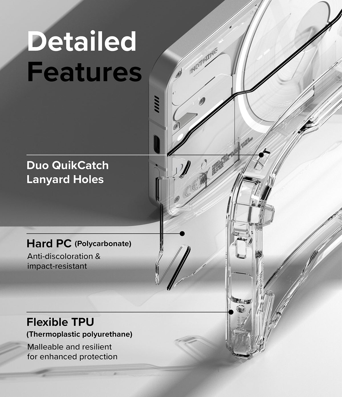 Nothing Phone (1) Case | Fusion-X - Exploded view of a clear phone case highlighting lanyard holes, PC back, and TPU frame.