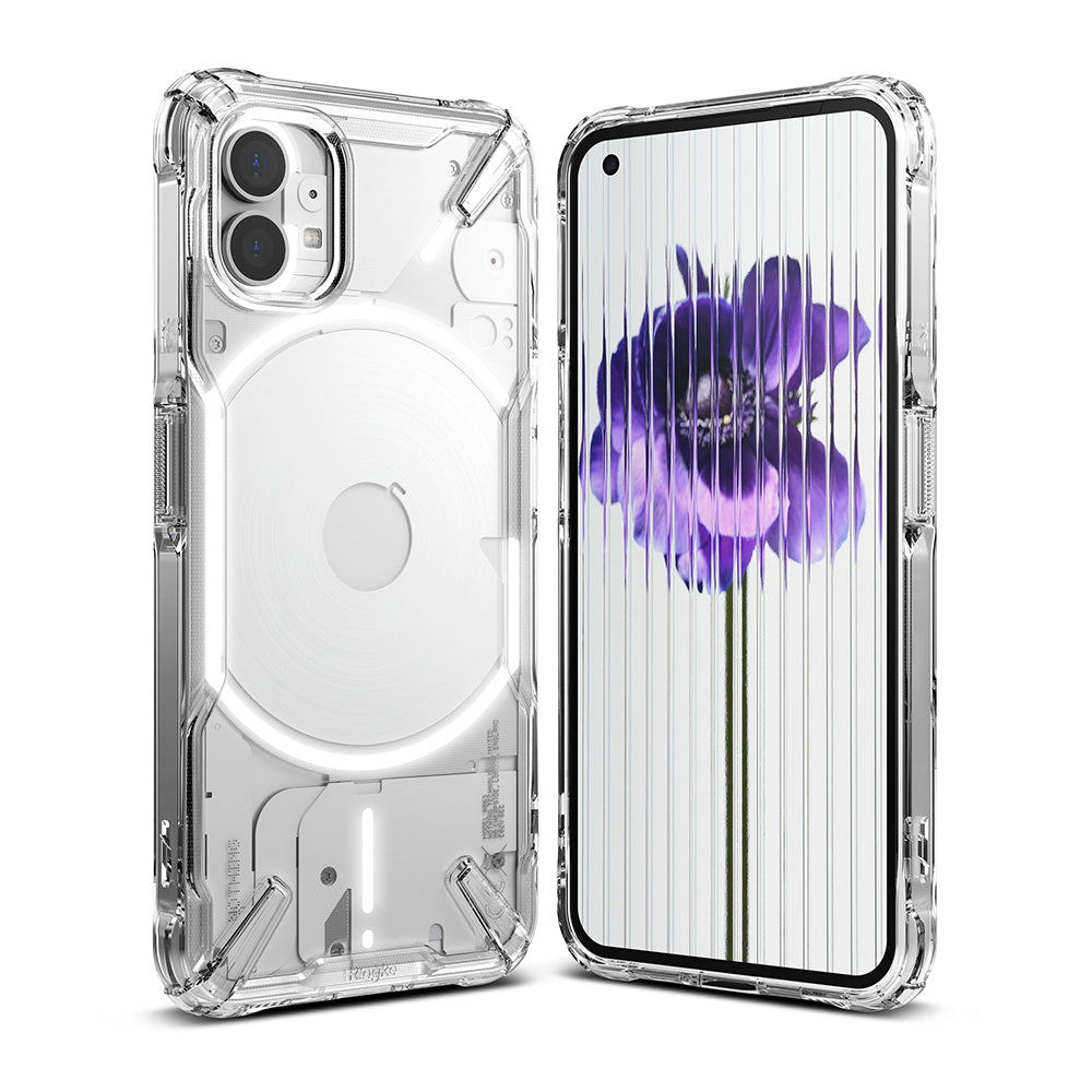 Nothing Phone (1) Case | Fusion-X - Clear protective case on a Nothing Phone (1) showing back and front views with a flower wallpaper.