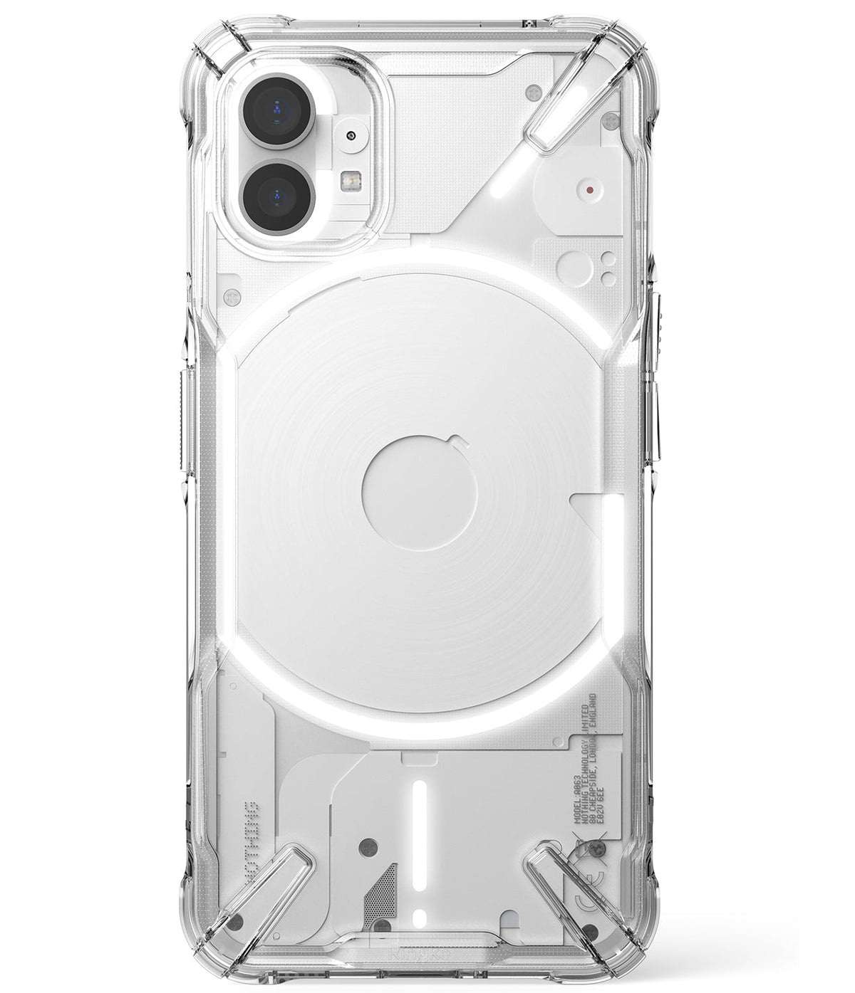 Nothing Phone (1) Case | Fusion-X - Clear protective case on a Nothing Phone (1) showing its unique white internal design.