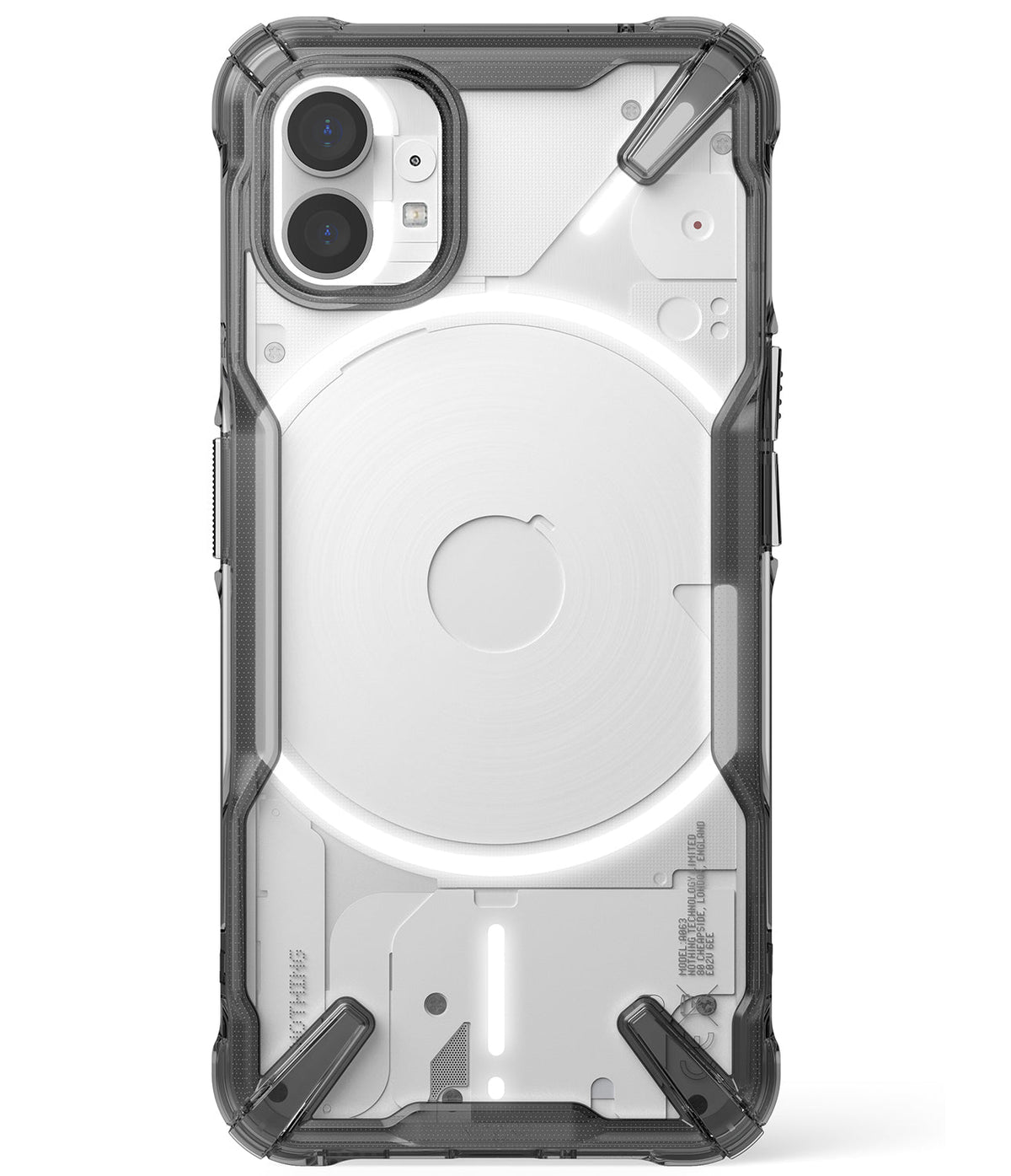 Nothing Phone (1) Case | Fusion-X - Clear protective case with reinforced dark grey corners on a white Nothing Phone (1).
