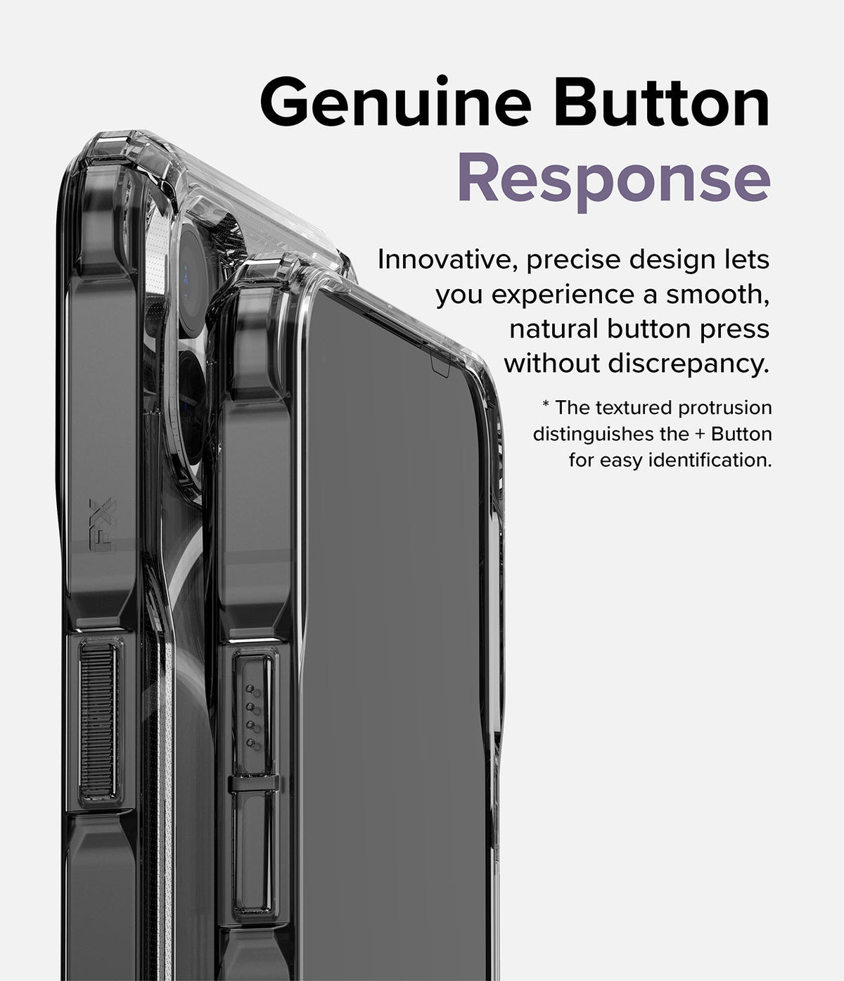 Nothing Phone (1) Case | Fusion-X - Close-up of a clear phone case highlighting textured, responsive side buttons.