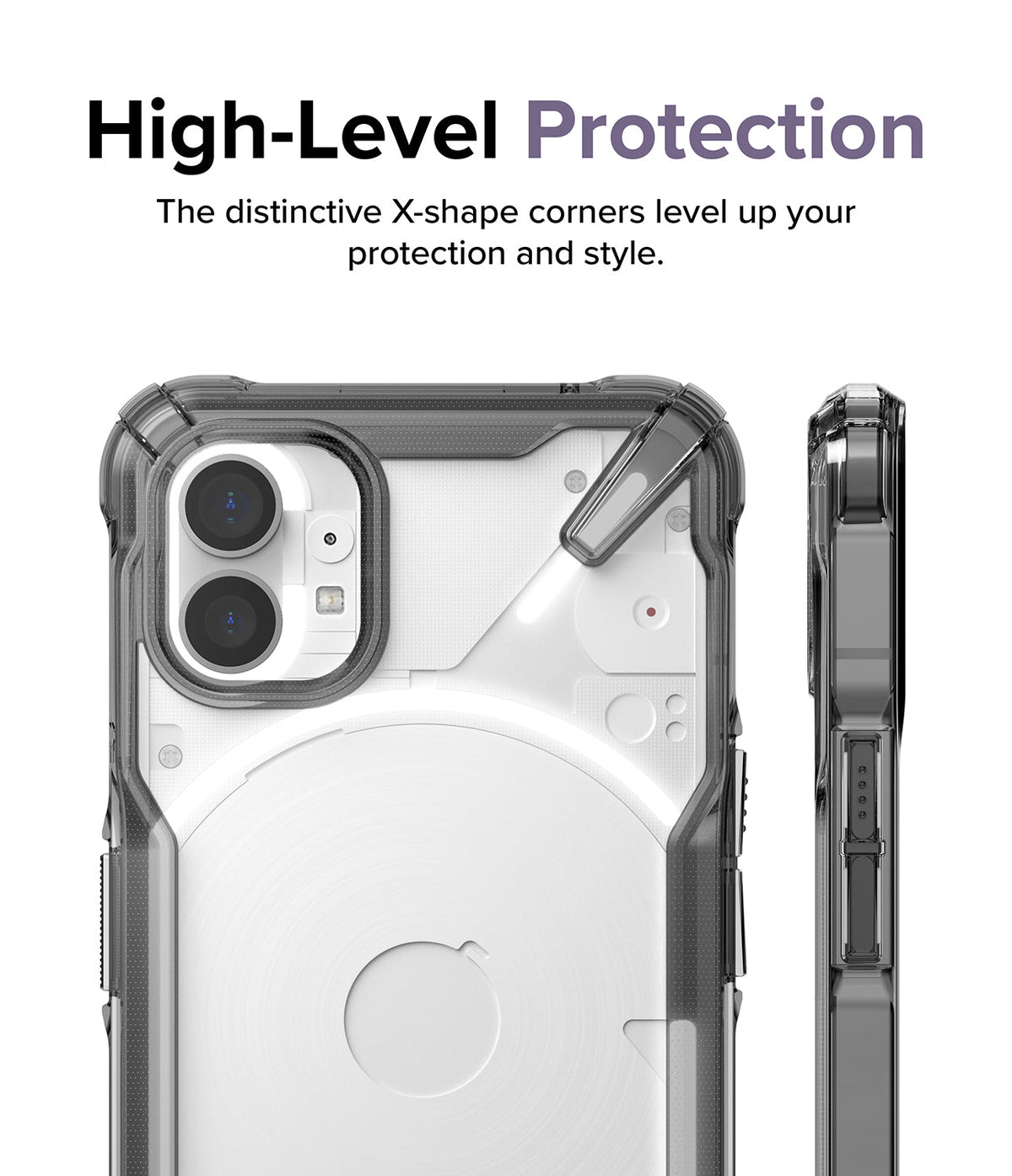 Nothing Phone (1) Case | Fusion-X - Clear protective case with reinforced X-shaped corners on a Nothing Phone (1).