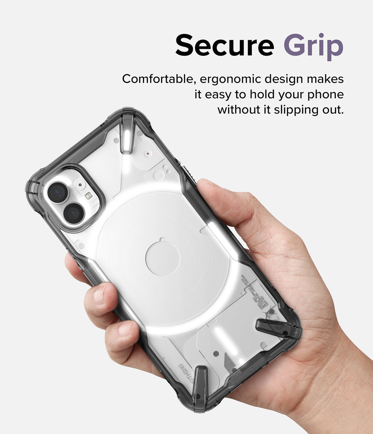 Nothing Phone (1) Case | Fusion-X - Hand holding a Nothing Phone (1) in a clear, rugged Fusion-X protective case.