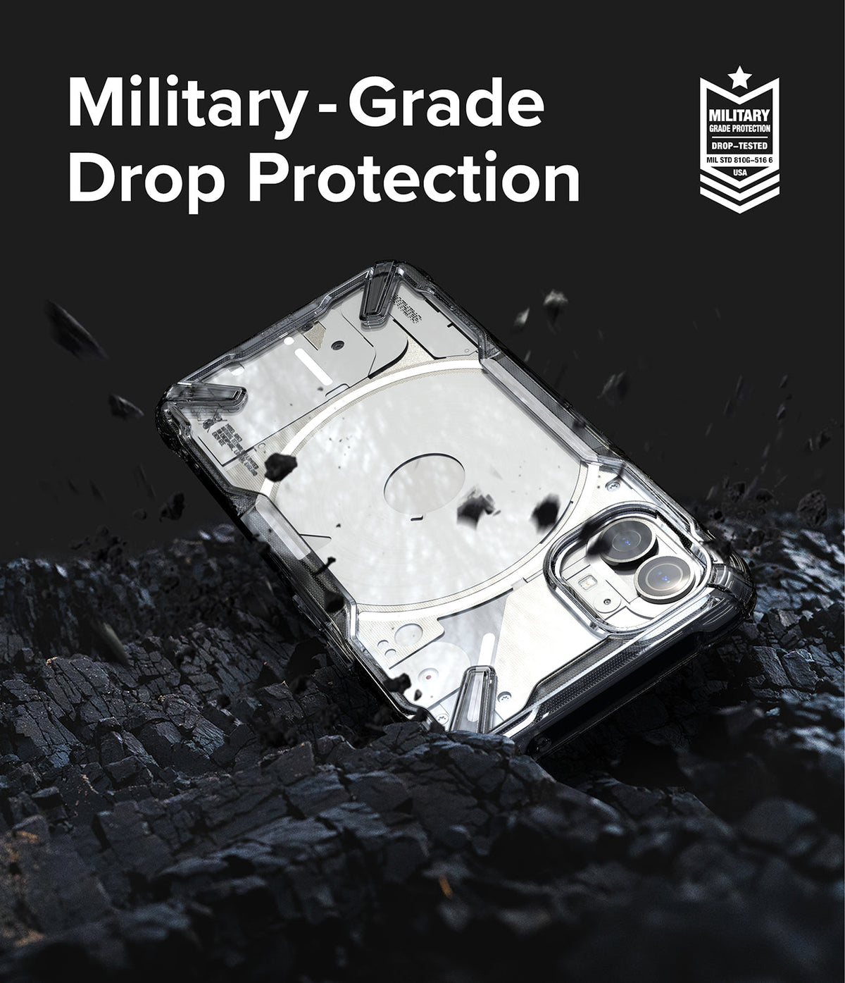 Nothing Phone (1) Case | Fusion-X - Clear protective phone case on dark rocky surface with military-grade drop protection.