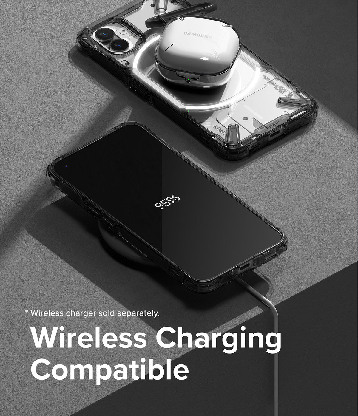 Nothing Phone (1) Case | Fusion-X - Clear phone case on a wireless charger showing 95% battery and charging earbuds.