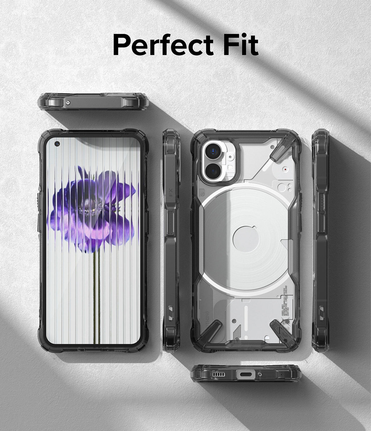 Nothing Phone (1) Case | Fusion-X - Multiple views of a rugged, transparent phone case on a Nothing Phone (1) device.