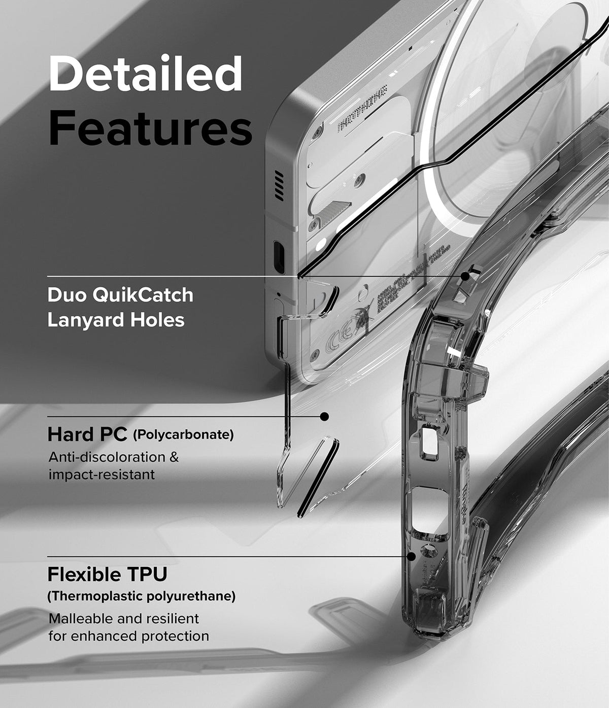 Nothing Phone (1) Case | Fusion-X - Exploded view of phone case highlighting lanyard holes, polycarbonate, and TPU materials.