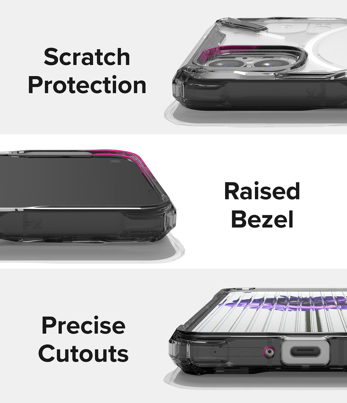 Nothing Phone (1) Case | Fusion-X - Close-ups showing scratch protection, raised bezels, and precise port cutouts.