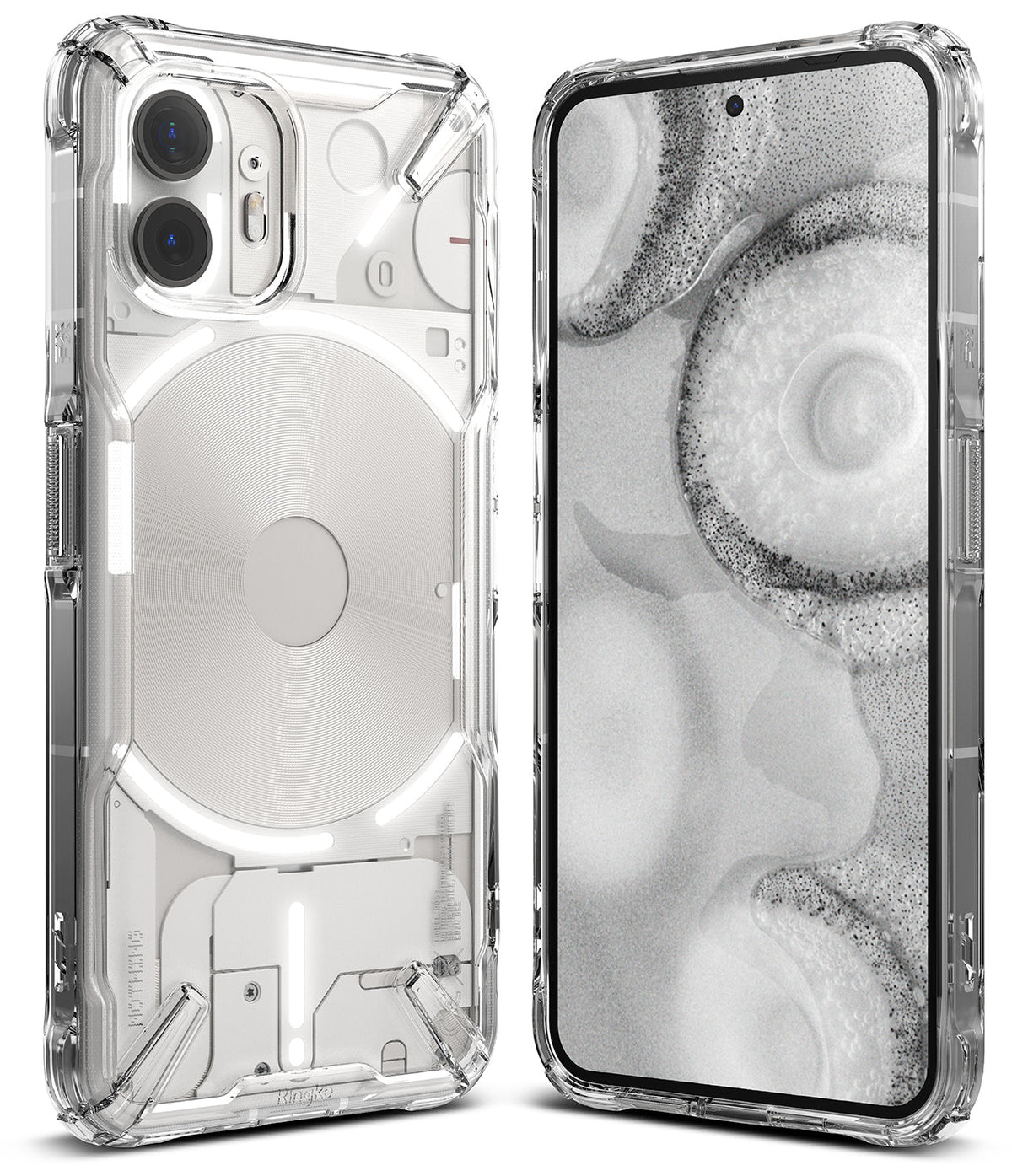 Nothing Phone (2) Case | Fusion-X - Clear protective case on a Nothing Phone (2) showing front and back views.
