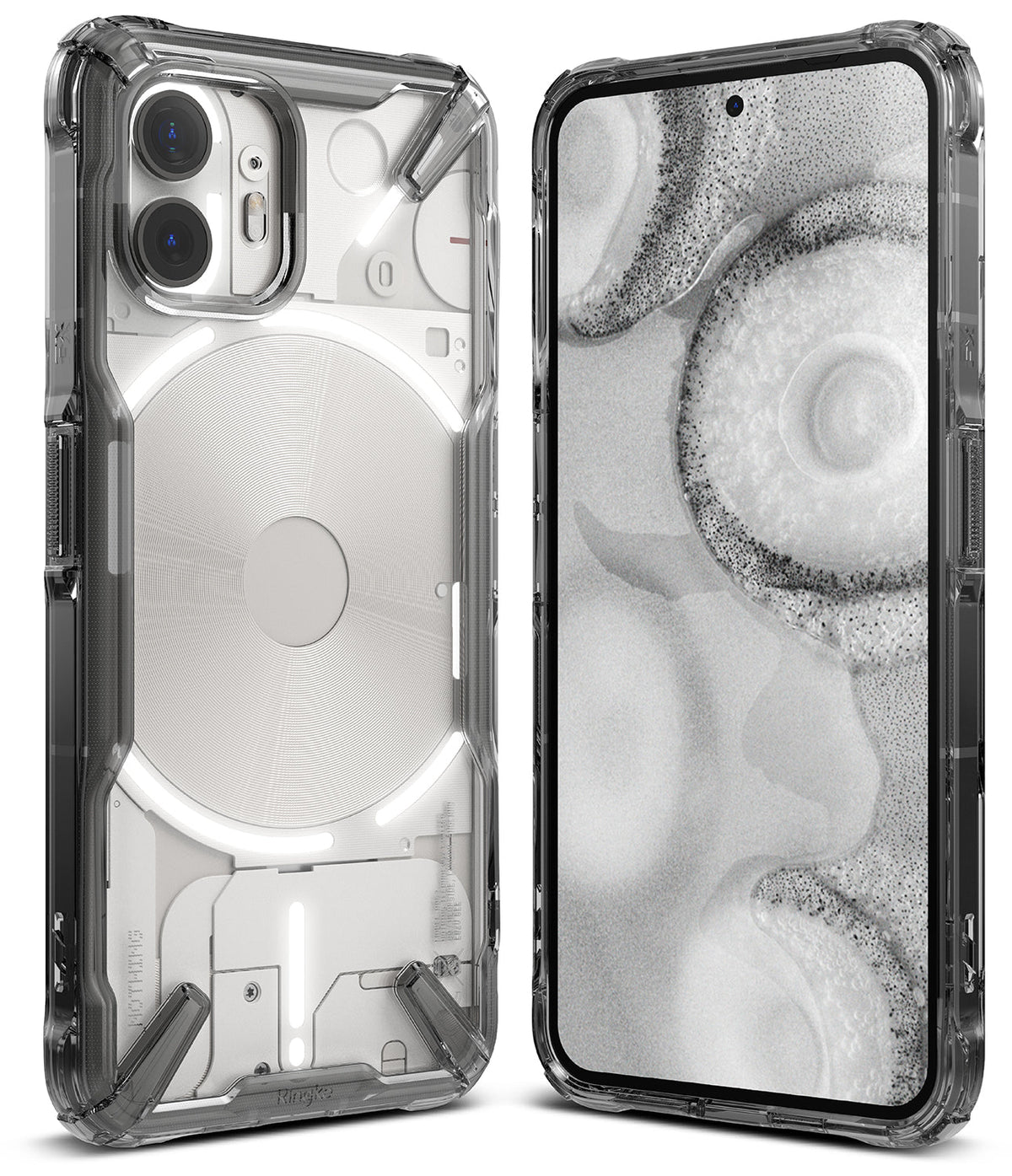 Nothing Phone (2) Case | Fusion-X - Clear, rugged protective case on a Nothing Phone (2) showing front and back views.