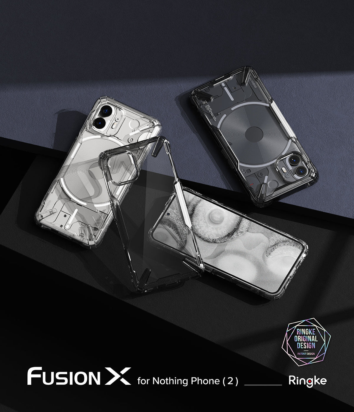 Nothing Phone (2) Case | Fusion-X - Three clear protective cases for Nothing Phone (2) displayed on a dark geometric surface.