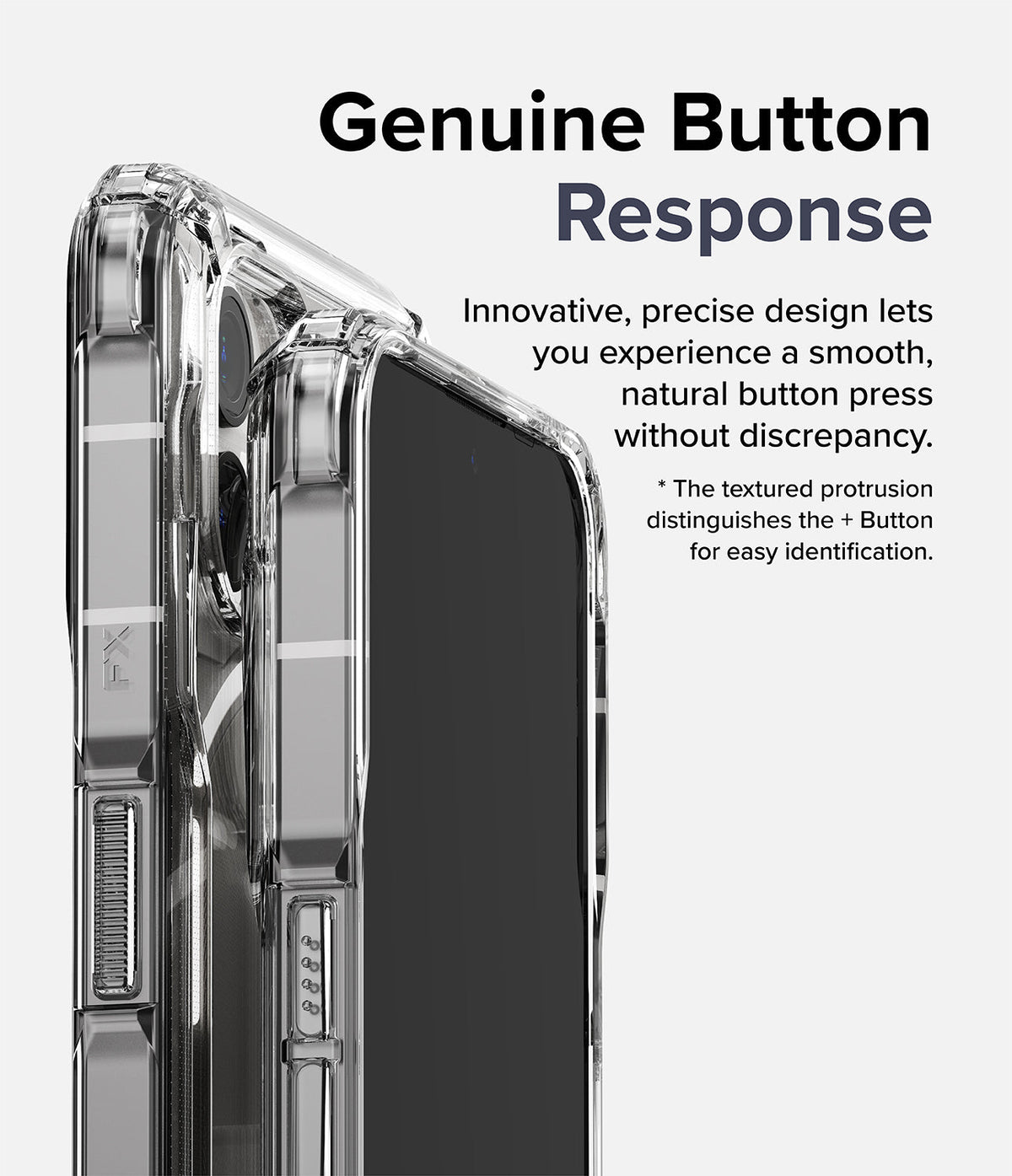 Nothing Phone (2) Case | Fusion-X - Close-up of a clear phone case highlighting the textured, responsive side buttons.