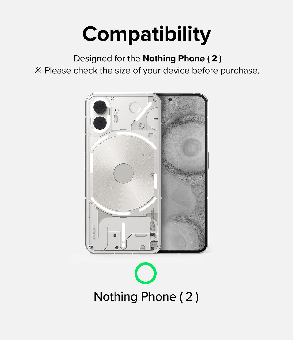 Nothing Phone (2) Case | Fusion-X - A Nothing Phone (2) inside a clear protective case with a green checkmark below.
