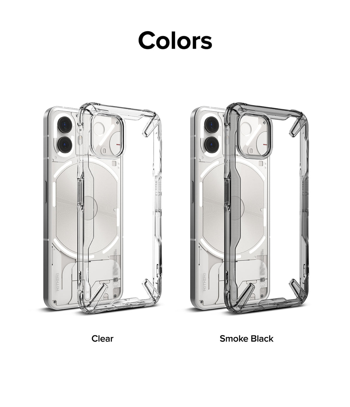 Nothing Phone (2) Case | Fusion-X - Two Nothing Phone (2) devices shown with clear and smoke black Fusion-X cases.
