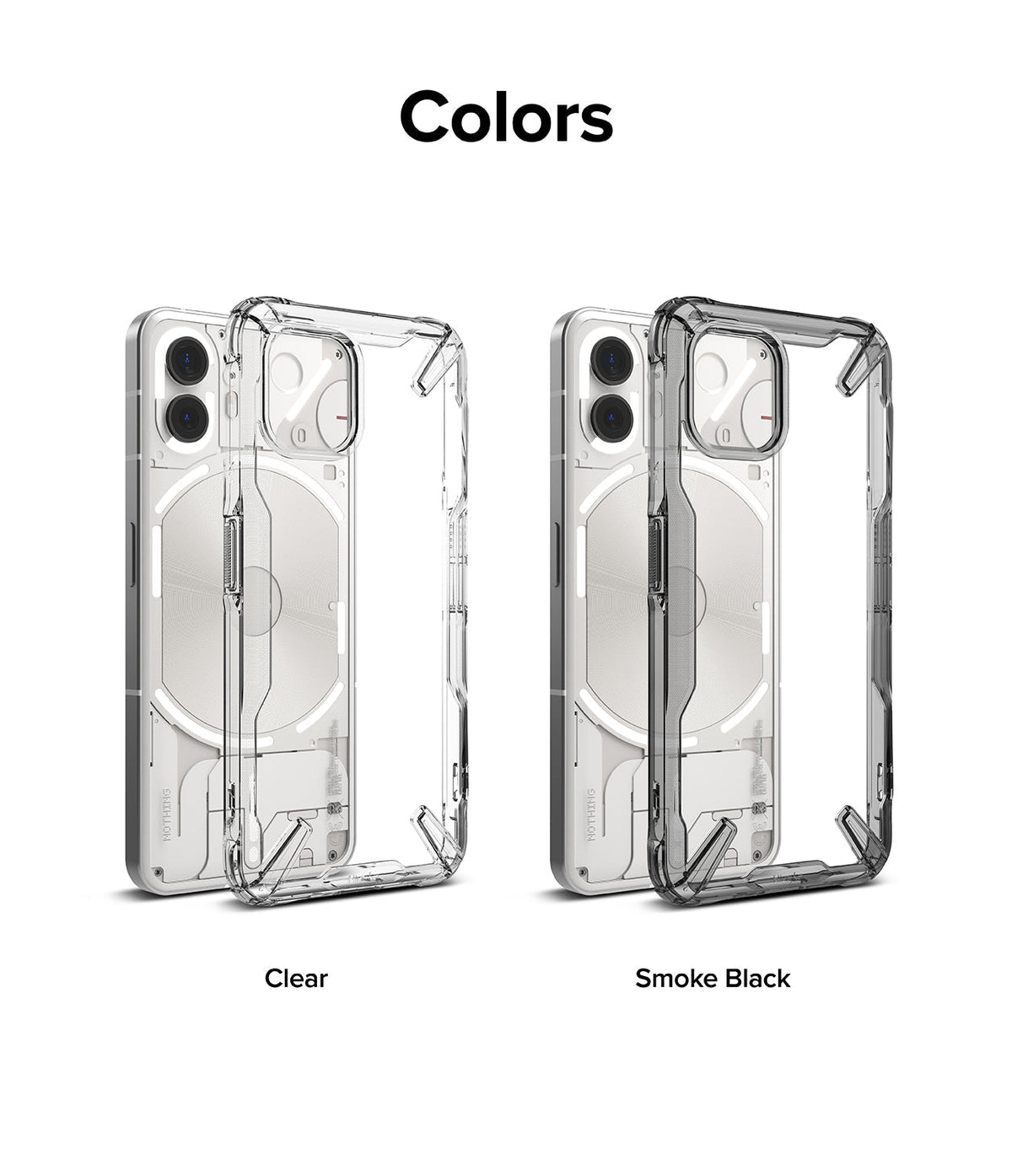 Nothing Phone (2) Case | Fusion-X - Two Nothing Phone (2) devices shown with clear and smoke black Fusion-X cases.