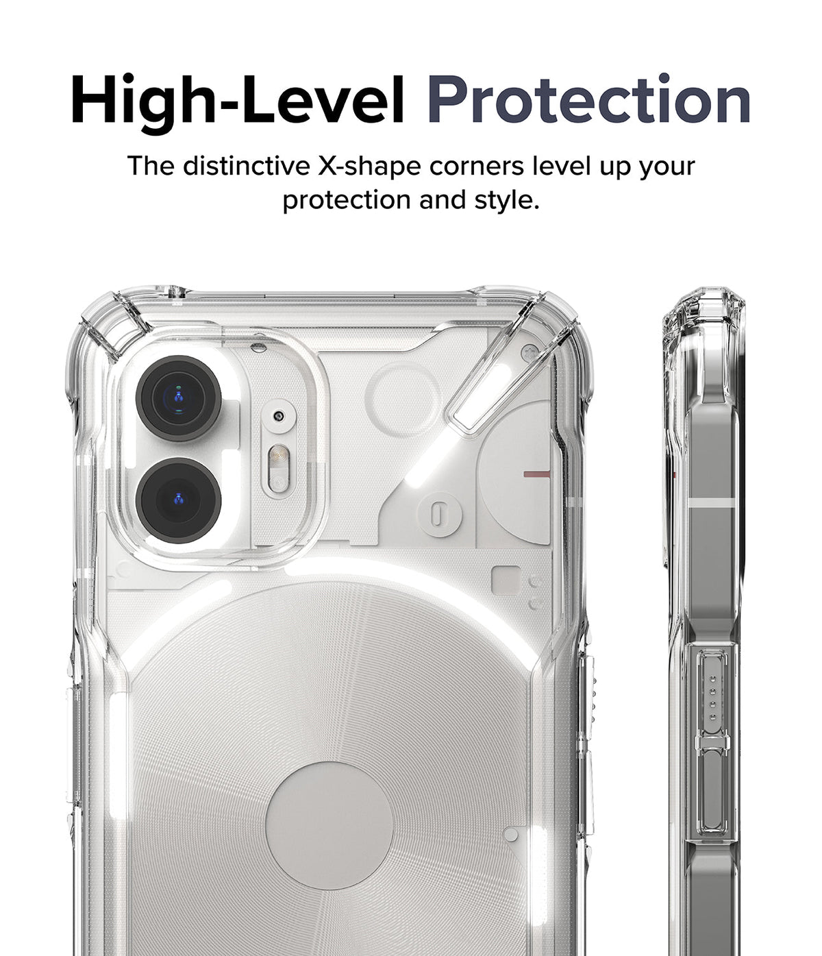 Nothing Phone (2) Case | Fusion-X - Clear protective phone case with reinforced X-shaped corners shown from back and side.