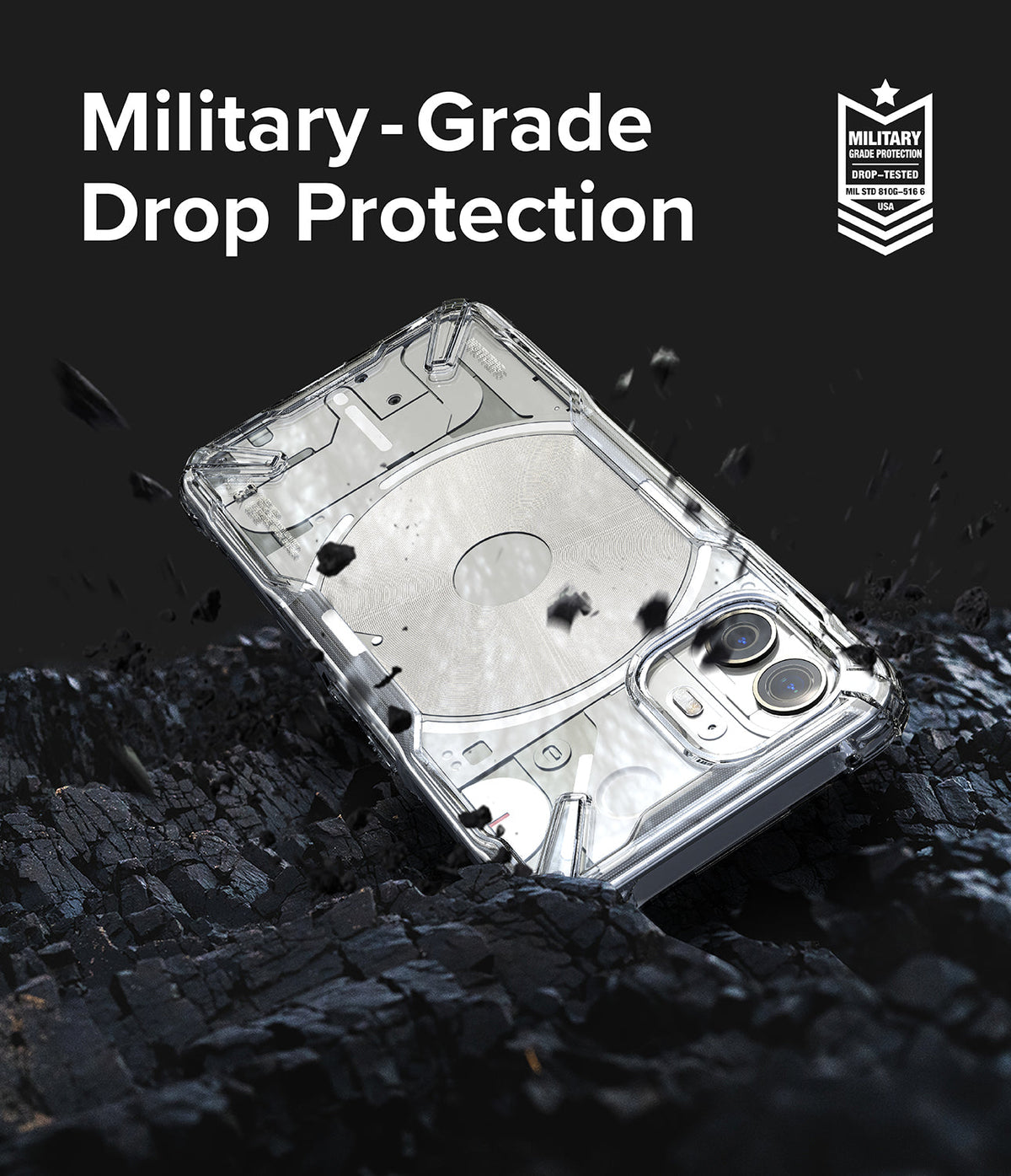 Nothing Phone (2) Case | Fusion-X - Clear phone case on dark, rocky debris with Military-Grade drop protection text.