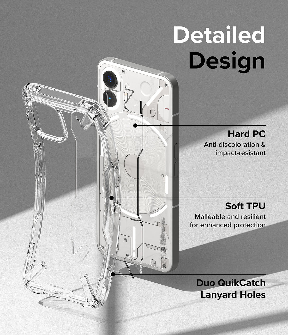 Nothing Phone (2) Case | Fusion-X - Clear protective case with labeled features for hard PC, soft TPU, and lanyard holes.