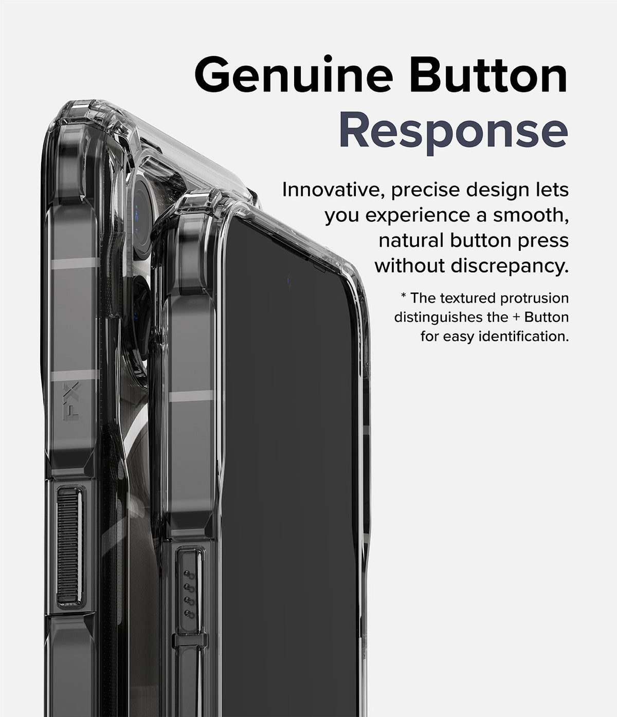 Nothing Phone (2) Case | Fusion-X - Close-up of a clear phone case highlighting the textured volume buttons and precise design.