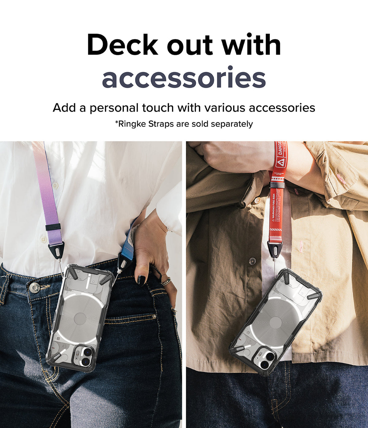 Nothing Phone (2) Case | Fusion-X - Two people wearing Nothing Phone (2) devices in Fusion-X cases attached to colorful neck straps.