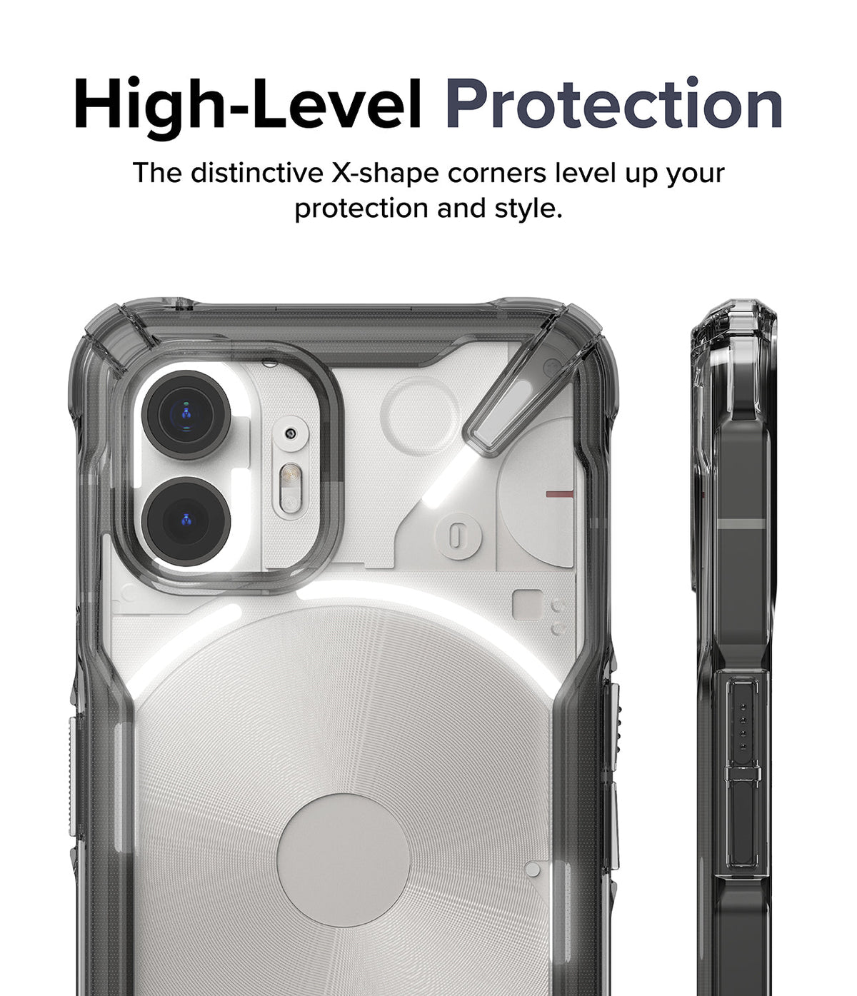 Nothing Phone (2) Case | Fusion-X - Clear protective case with reinforced X-shaped corners on a Nothing Phone (2).