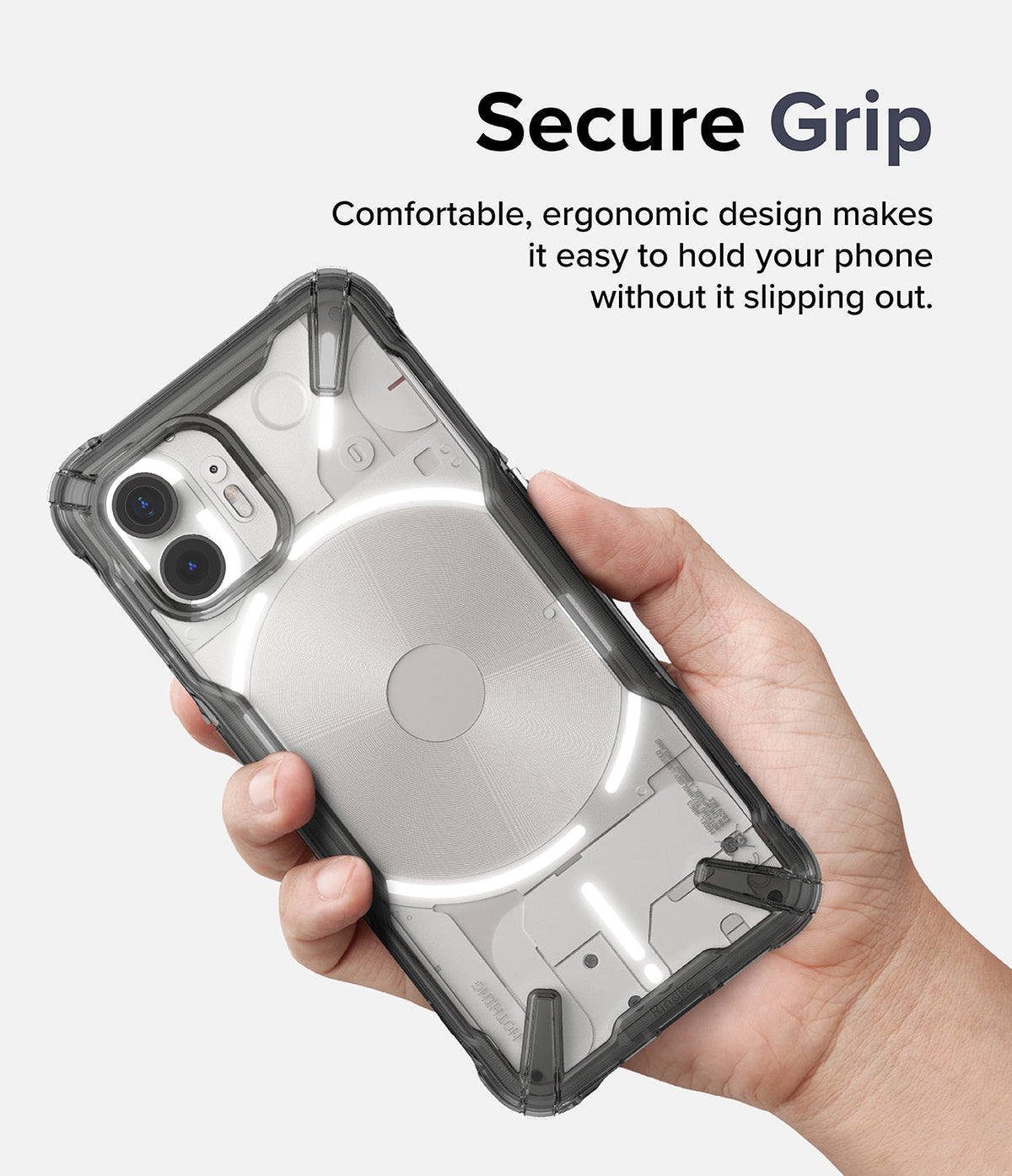 Nothing Phone (2) Case | Fusion-X - A hand holding a Nothing Phone (2) in a clear, rugged Fusion-X protective case.