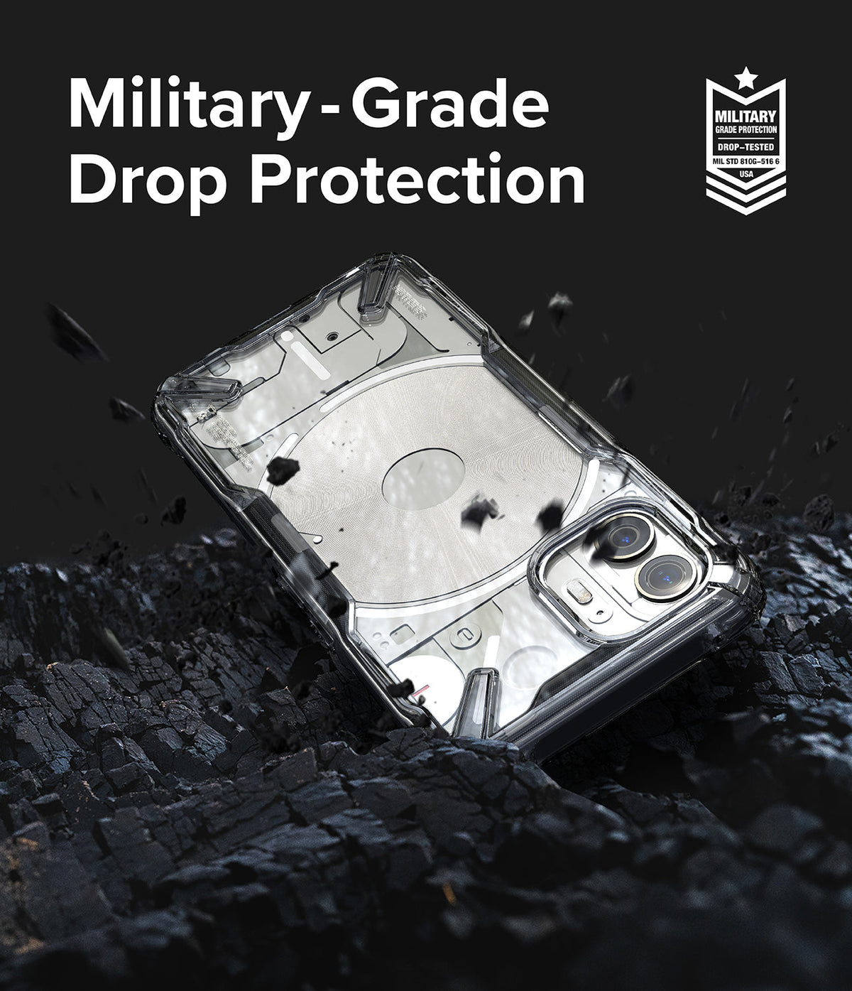 Nothing Phone (2) Case | Fusion-X - Clear phone case on dark, rocky debris with military-grade drop protection text.